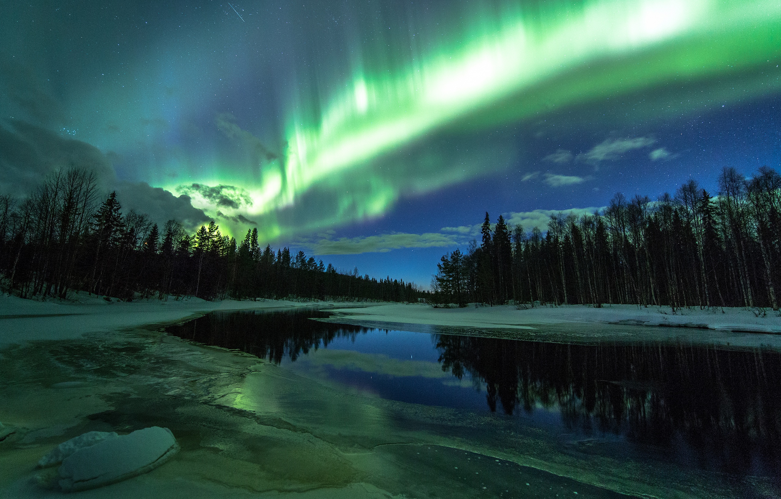 Free download wallpaper Winter, Nature, Sky, Stars, Forest, Earth, Aurora Borealis, River on your PC desktop