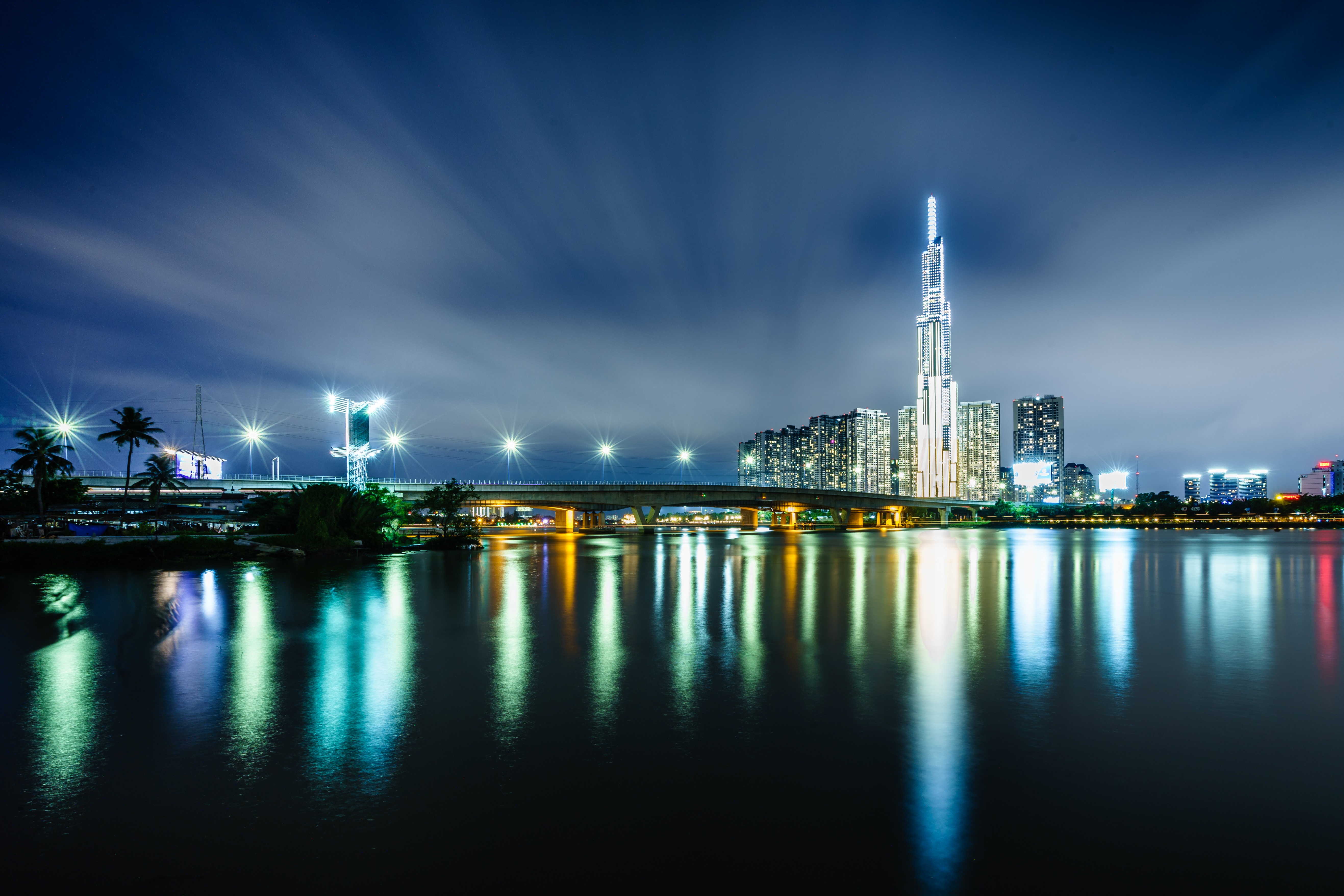 Download mobile wallpaper Cities, Lights, Rivers, Building, Night City, Architecture for free.