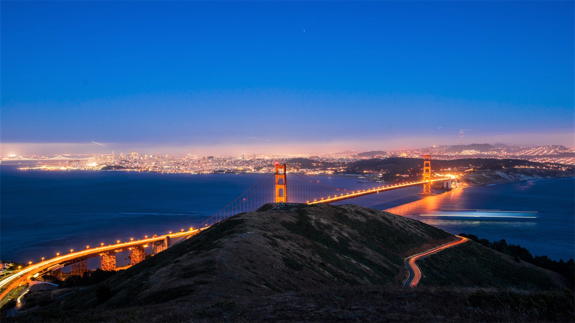 Скачать обои бесплатно Мосты, Ночь, Свет, Дорога, Мост, Сан Франциско, Золотые Ворота, Сделано Человеком картинка на рабочий стол ПК