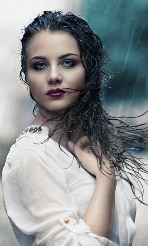 Download mobile wallpaper Rain, Mood, Brunette, Model, Women, Blue Eyes, Lipstick for free.