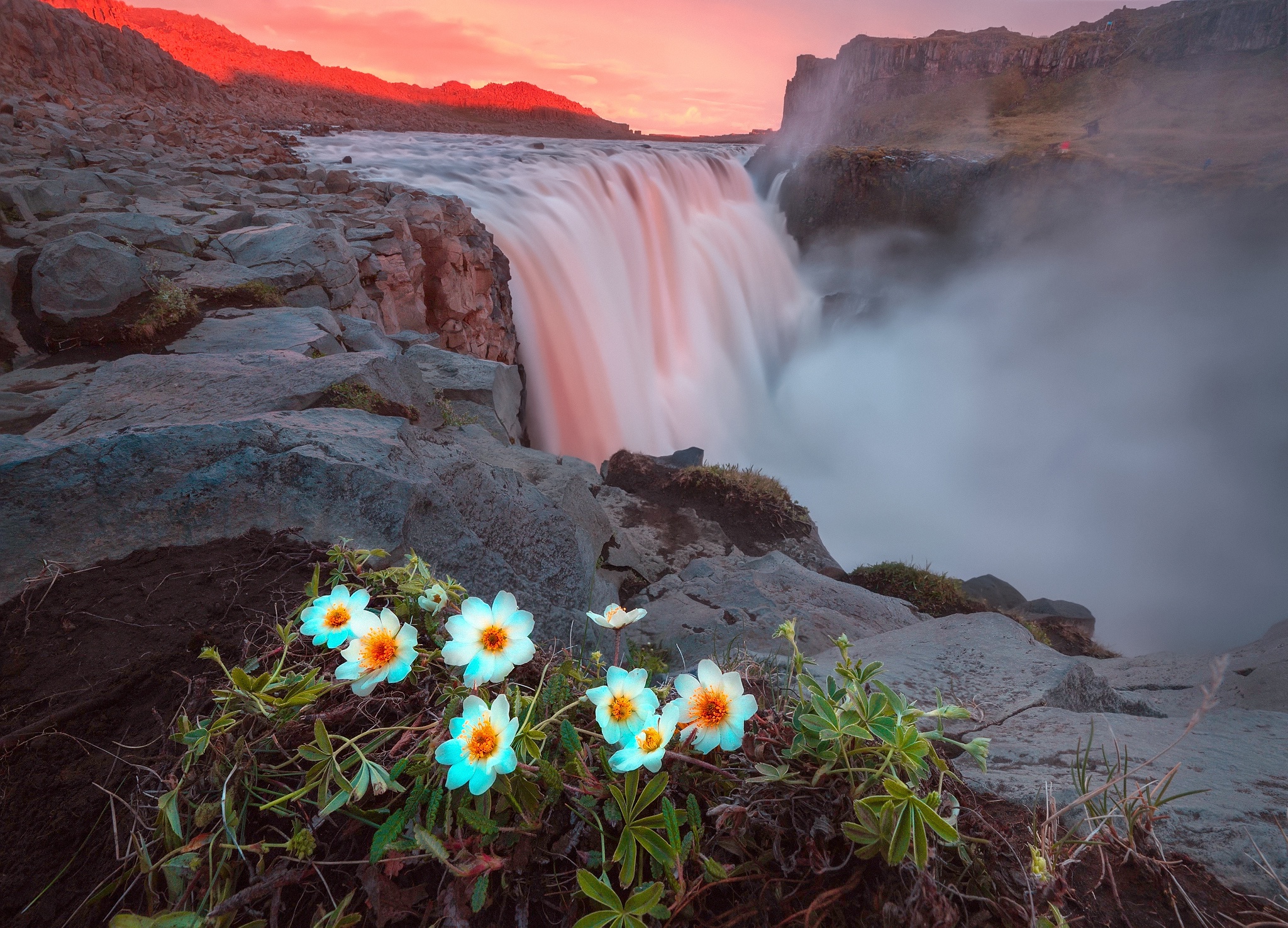 Free download wallpaper Nature, Sunset, Waterfalls, Waterfall, Earth, River, White Flower on your PC desktop