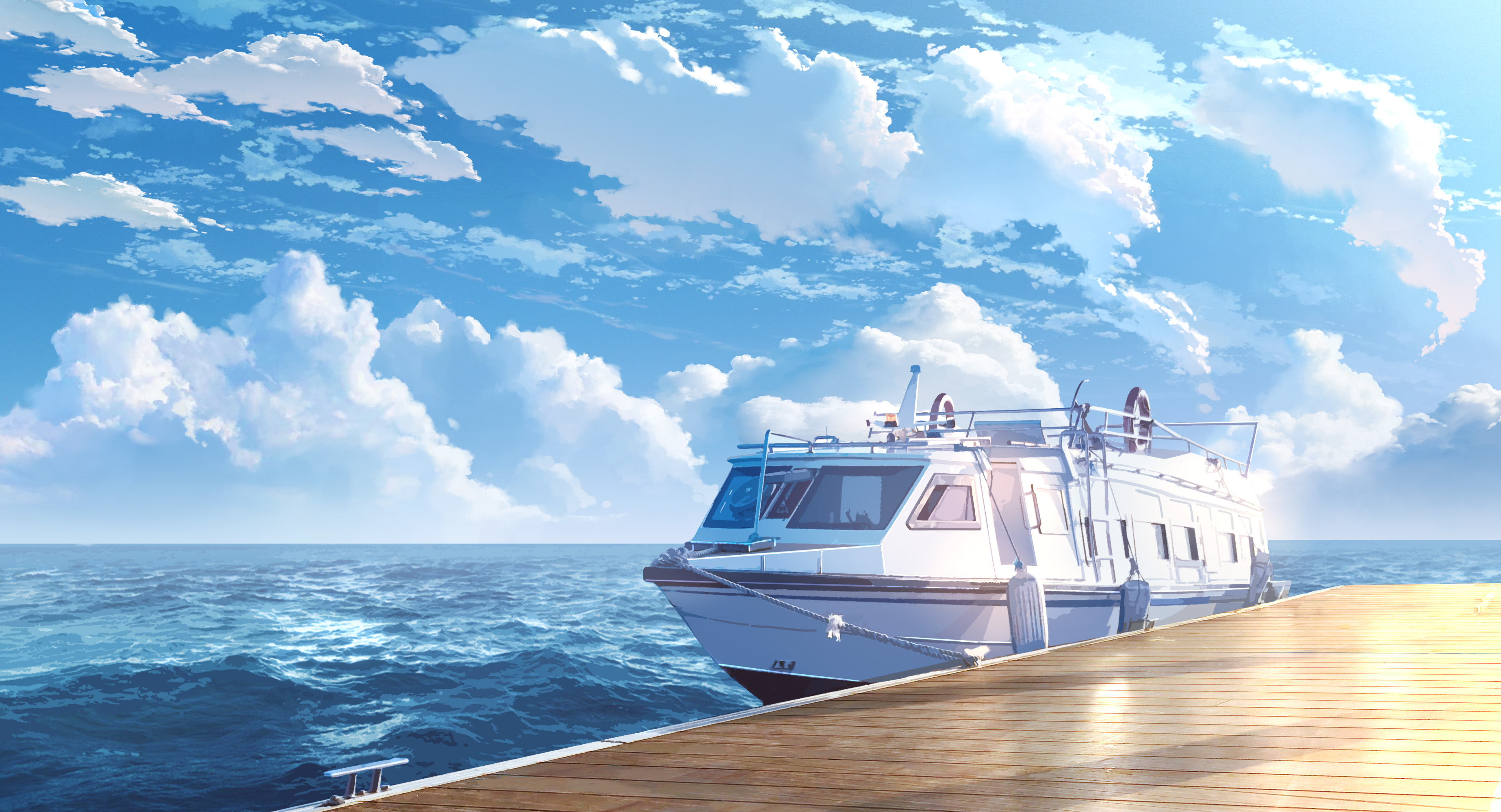 Free download wallpaper Anime, Sky, Ocean, Boat, Cloud, Original on your PC desktop