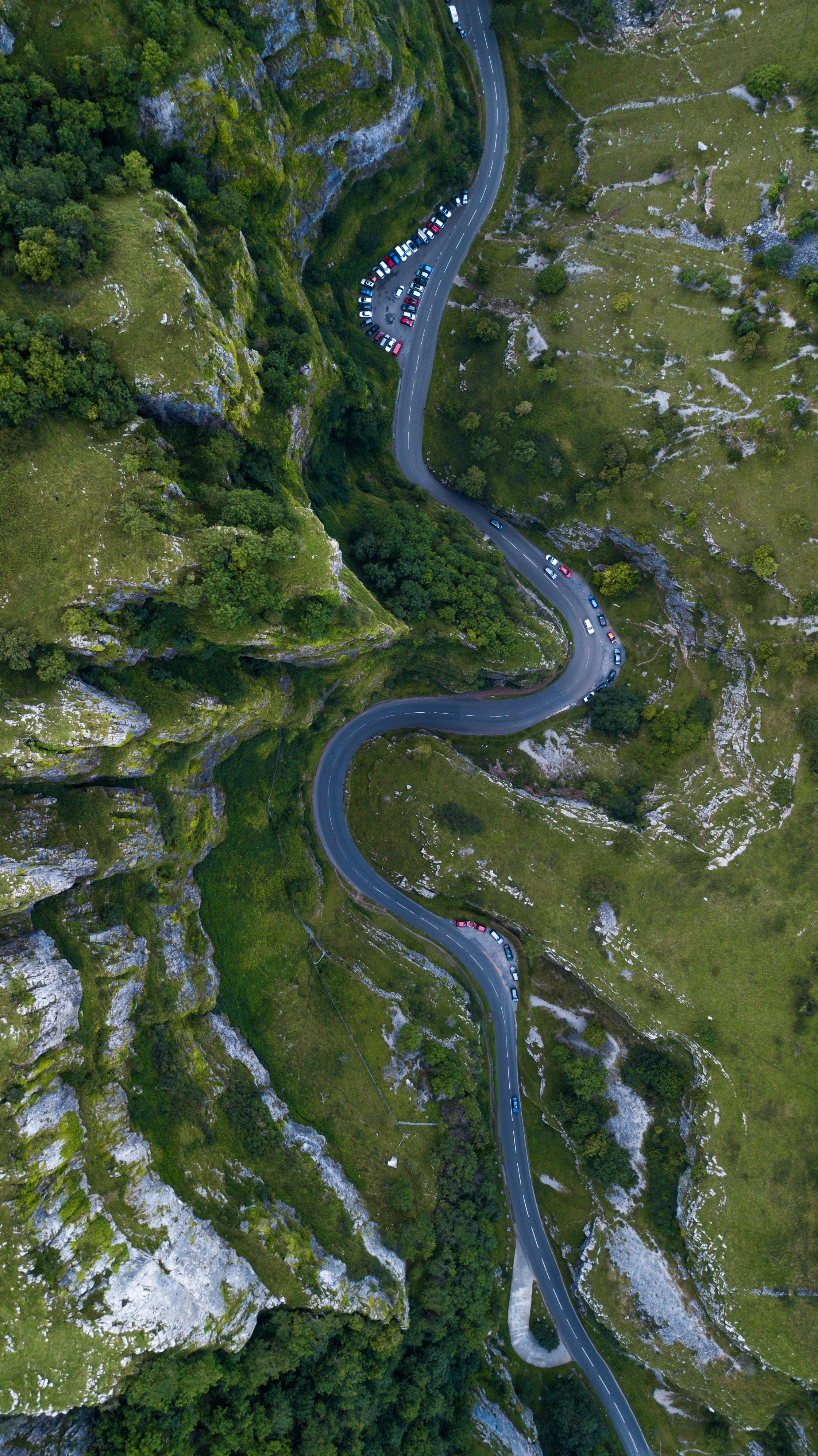 great britain, united kingdom, mountains, nature, cars, view from above, road, winding, sinuous, cheddar