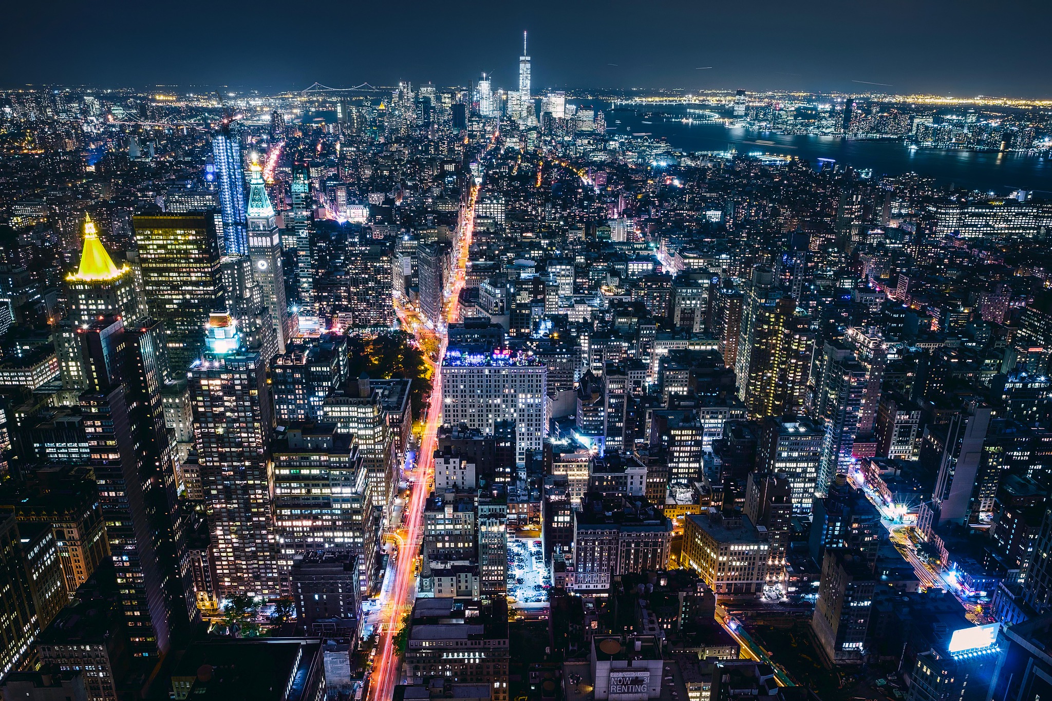 Download mobile wallpaper Cities, Night, Usa, City, Skyscraper, Building, Horizon, Light, Cityscape, New York, Man Made for free.