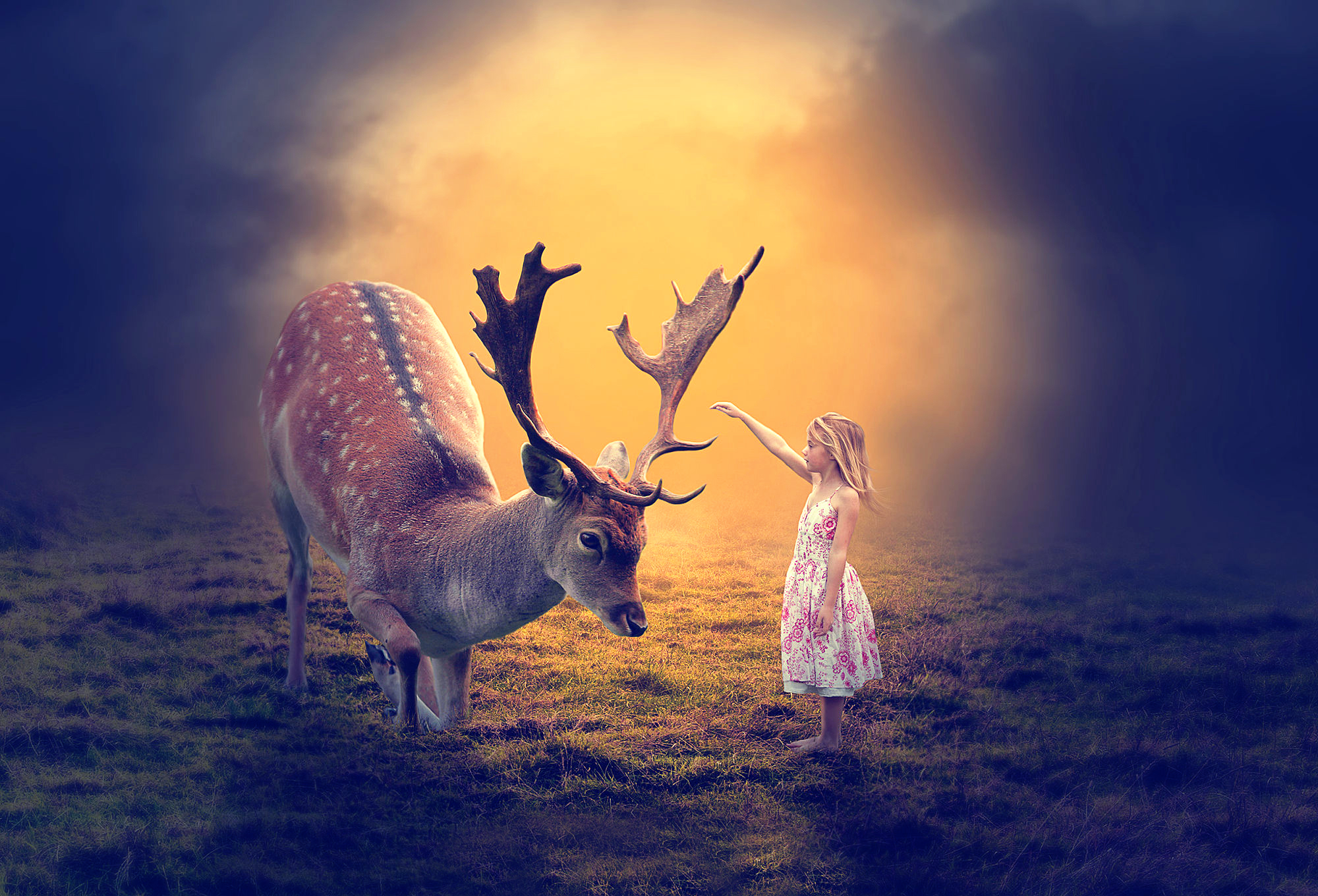 Download mobile wallpaper Fantasy, Deer, Child, Blonde, Little Girl for free.