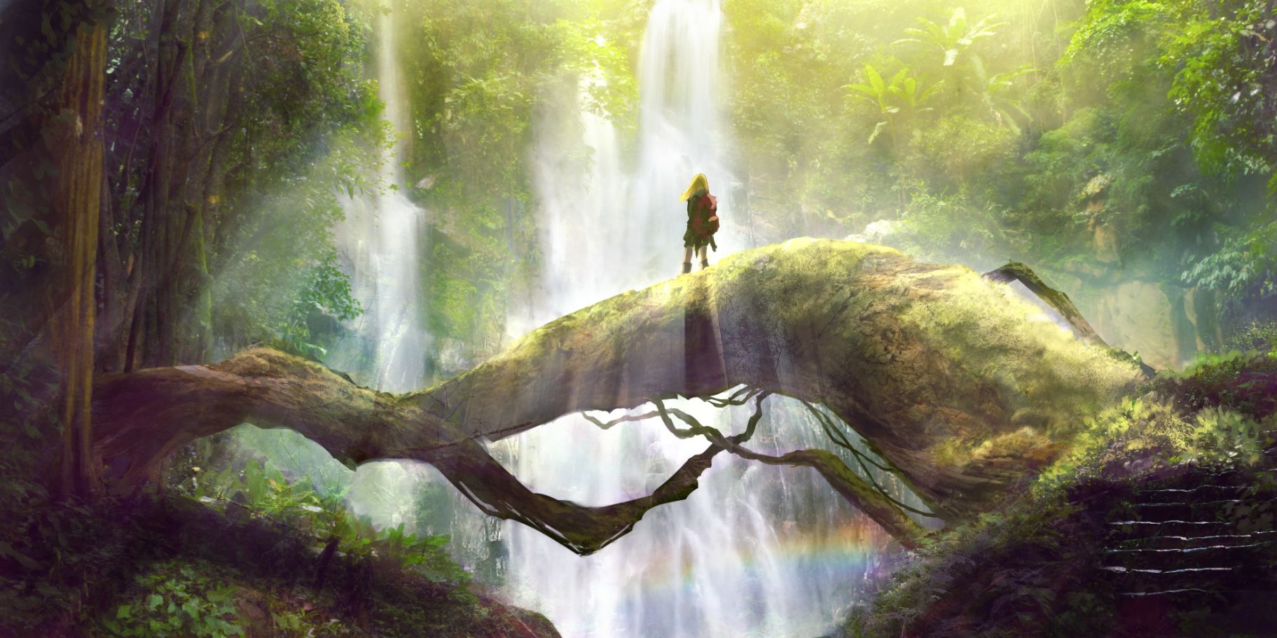 Скачать обои бесплатно Аниме, Природа, Радуга, Водопад, Лес, Оригинал картинка на рабочий стол ПК