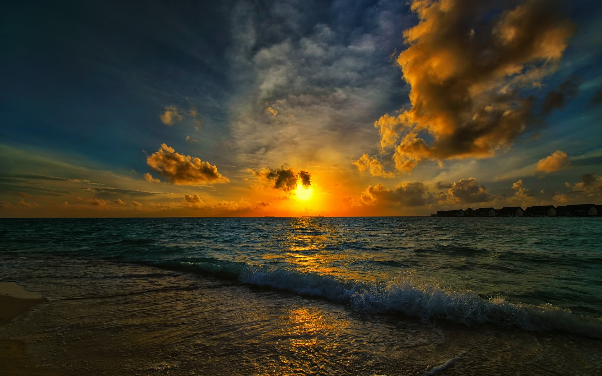 Download mobile wallpaper Sunset, Sky, Sea, Gold, Horizon, Ocean, Earth, Cloud for free.