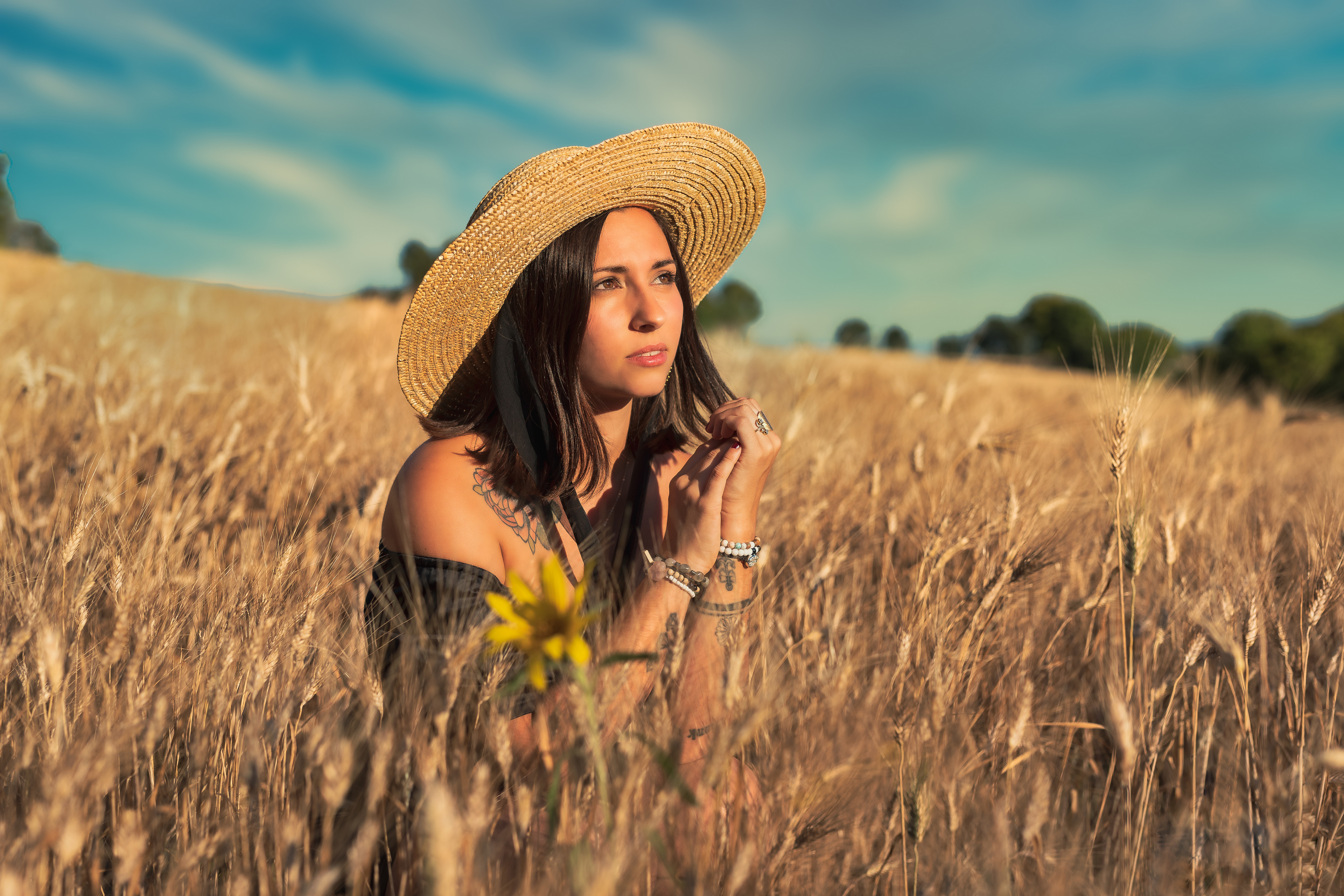 Handy-Wallpaper Feld, Hut, Modell, Frauen, Braune Augen, Schwarzes Haar kostenlos herunterladen.