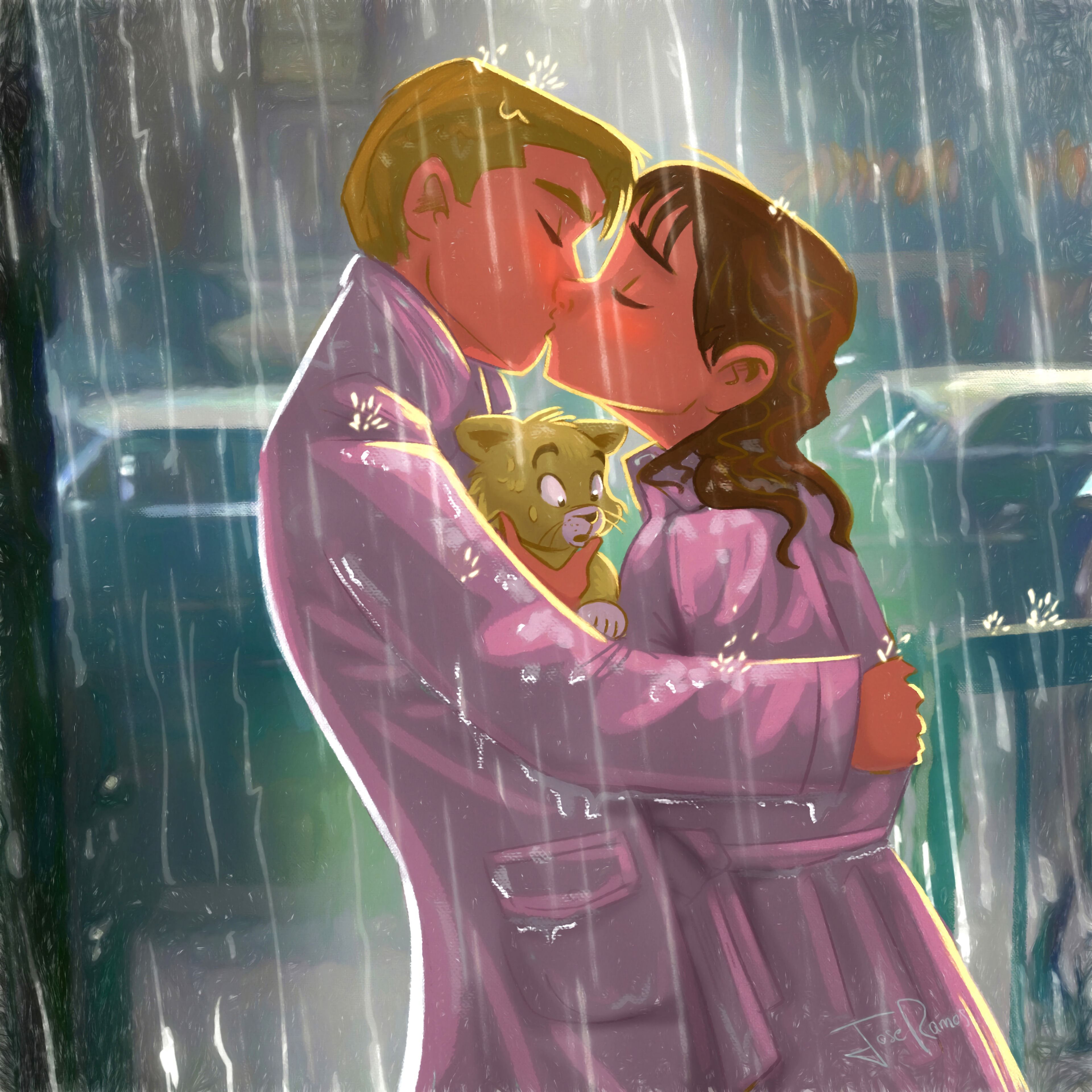 love, art, rain, kitty, kitten, couple, pair, kiss 1080p