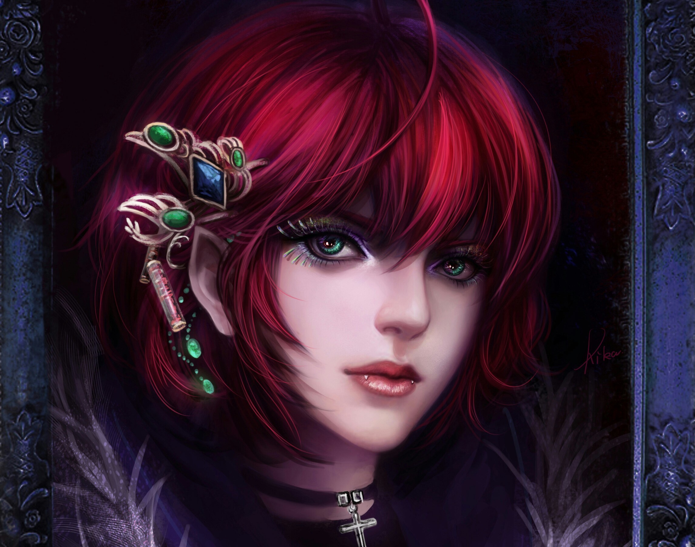 Baixe gratuitamente a imagem Fantasia, Mulher, Olhos Verdes, Vampiro, Cabelo Curto, Cabelo Vermelho na área de trabalho do seu PC