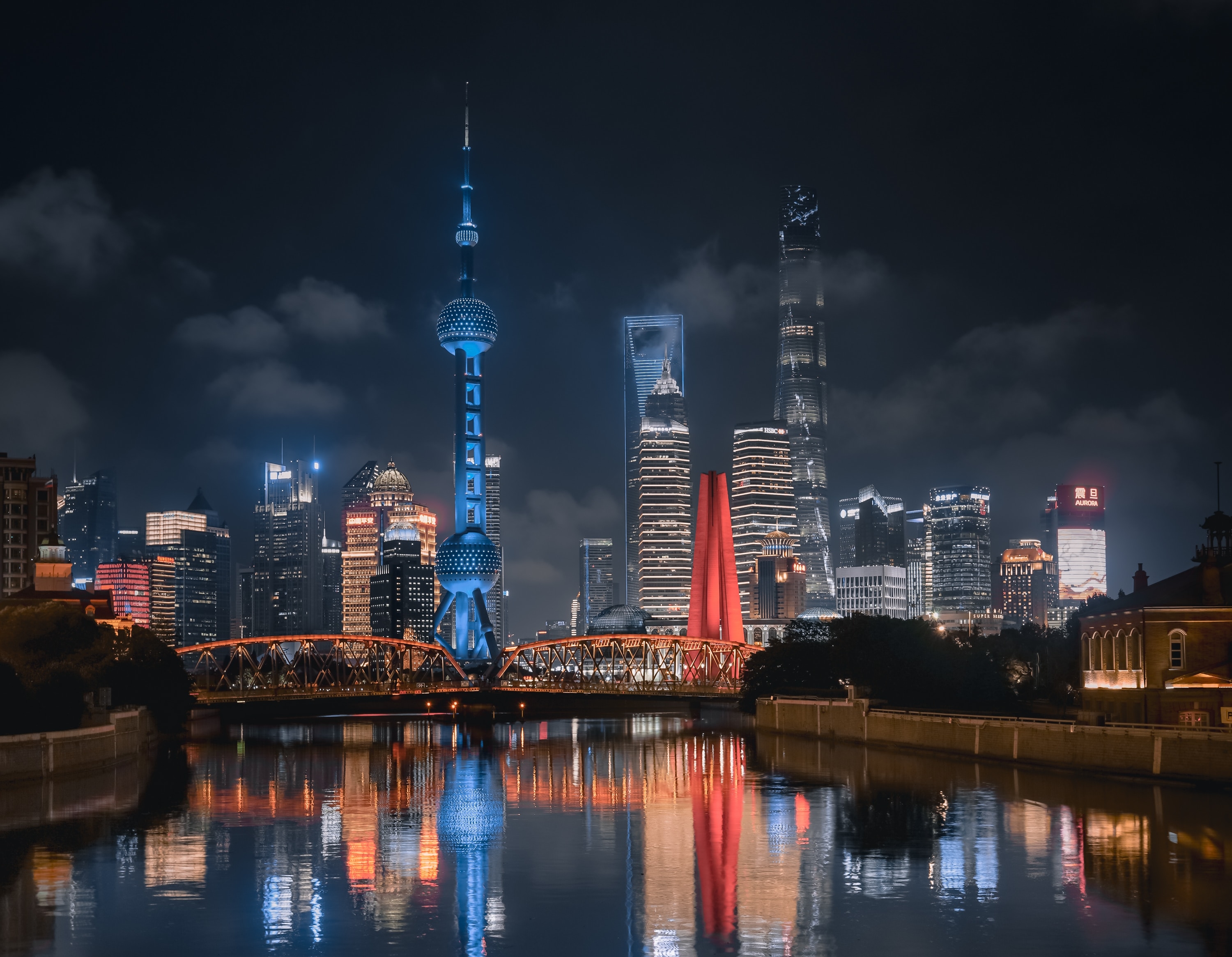 PCデスクトップに都市, 川, 街, 超高層ビル, 建物, 反射, 中国, 上海, 夜, マンメイド, 東方明珠塔画像を無料でダウンロード