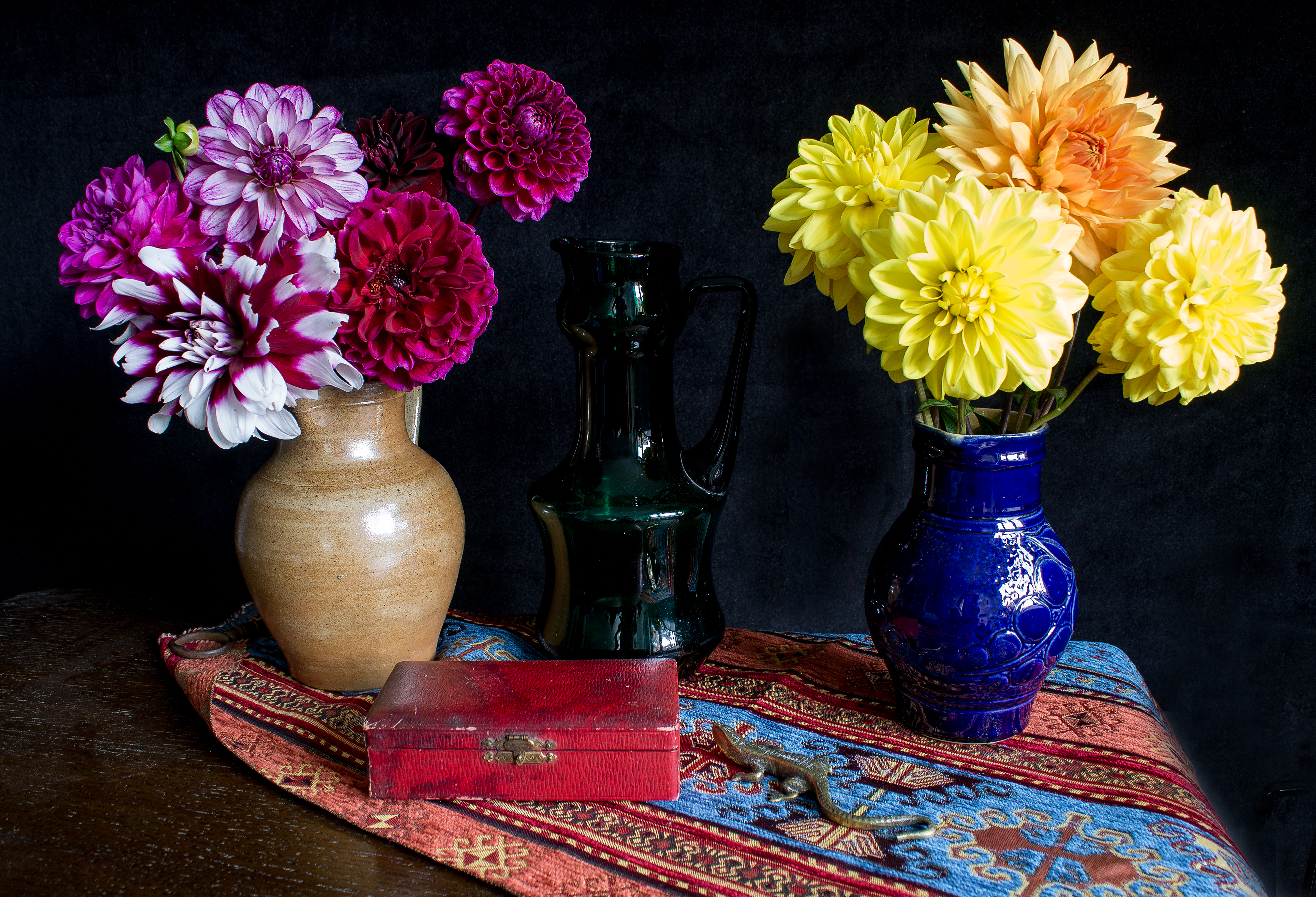photography, still life, box, dahlia, flower, pitcher, vase