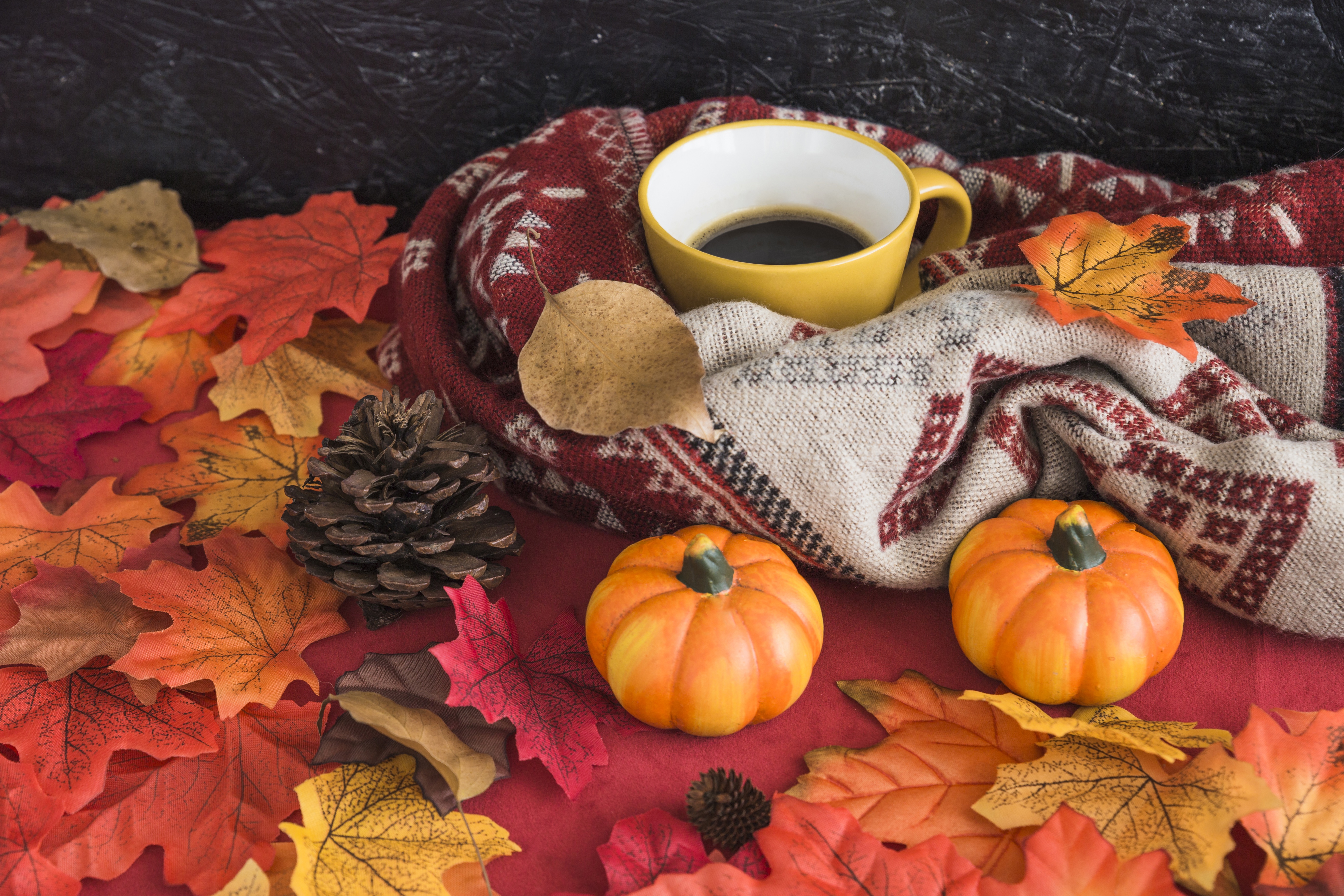 Download mobile wallpaper Food, Coffee, Still Life, Cup, Leaf, Fall, Drink for free.