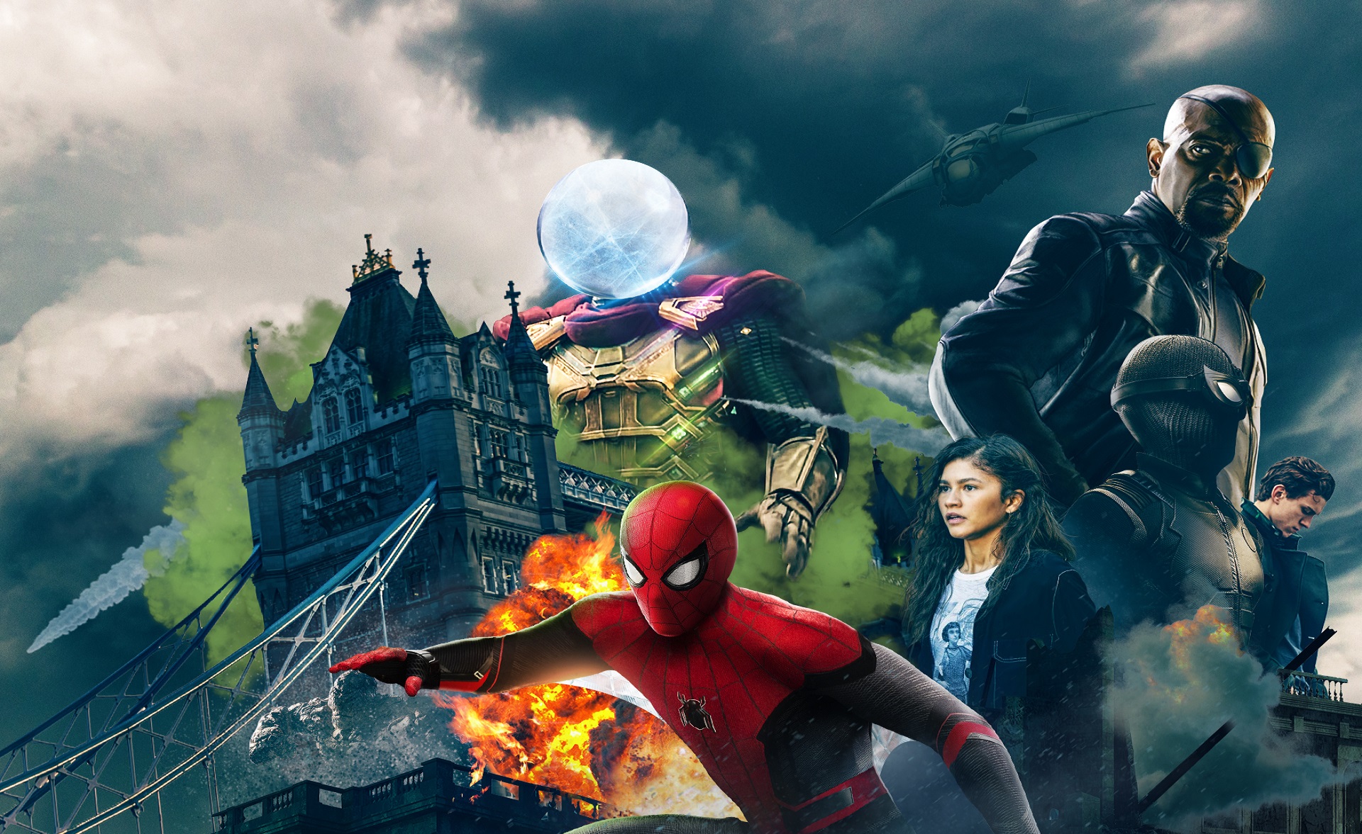 spider man: far from home, movie, mysterio (marvel comics), nick fury, samuel l jackson, spider man, tom holland