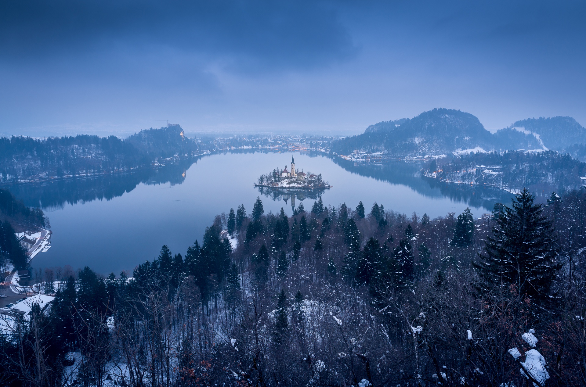 religious, assumption of mary church, fog, island, lake bled, lake, slovenia, winter, churches