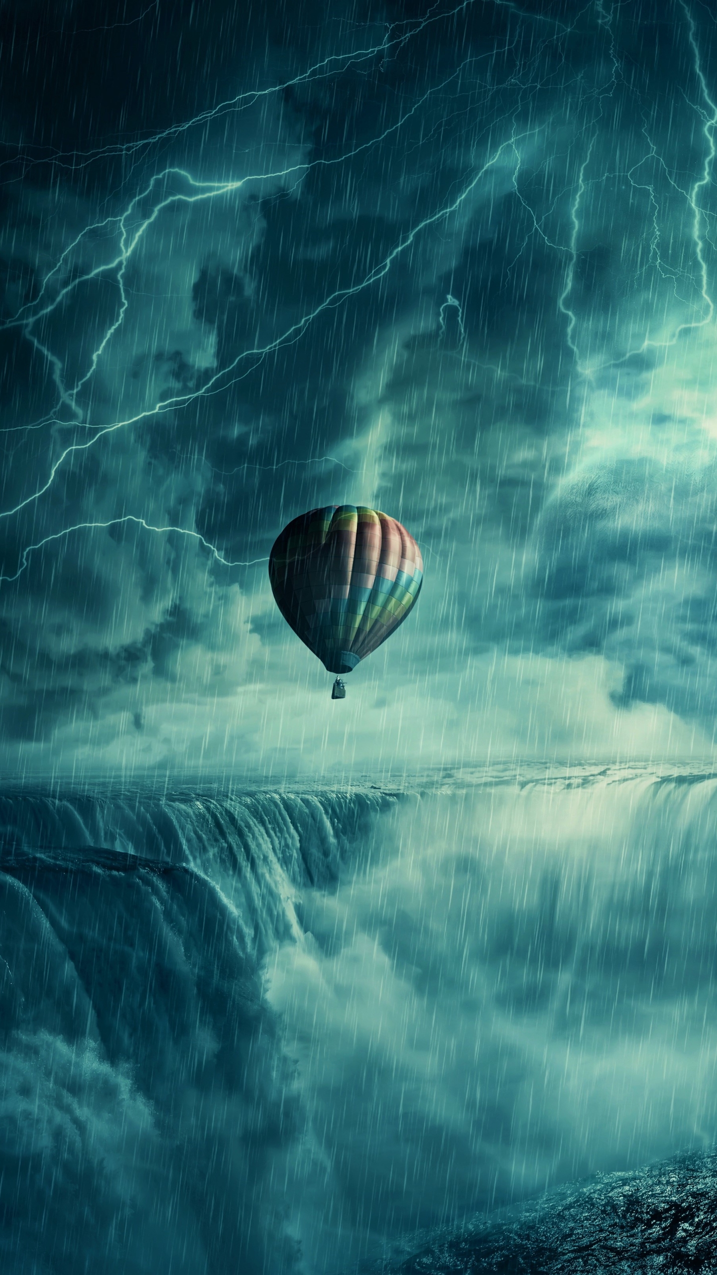 Download mobile wallpaper Rain, Lightning, Waterfall, Storm, Vehicles, Hot Air Balloon for free.