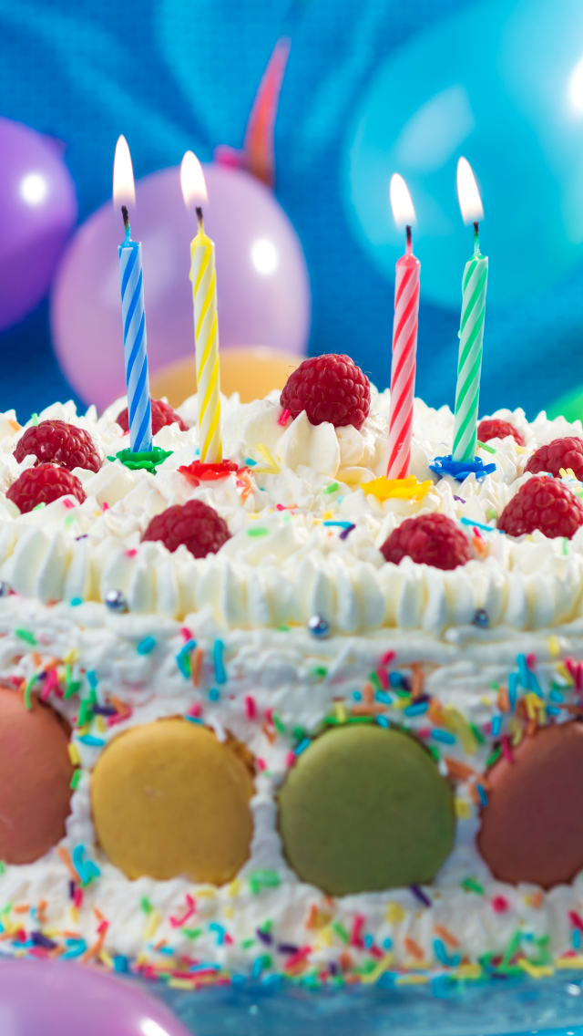 Download mobile wallpaper Holiday, Cake, Cream, Colors, Balloon, Candle, Birthday, Macaron, Pastry for free.