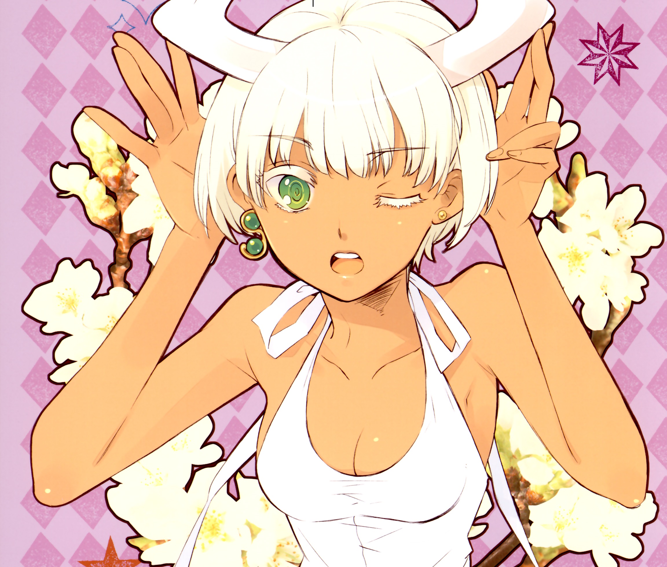 Download mobile wallpaper Anime, Wreath, Horns, Green Eyes, Wink, Original, Short Hair, White Hair for free.
