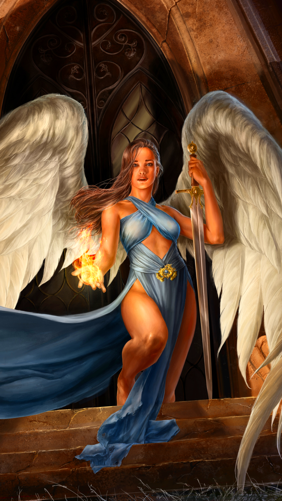 無料モバイル壁紙ファンタジー, 天使, 火炎, 翼, 魔法, 剣, 茶髪, 天使の戦士をダウンロードします。