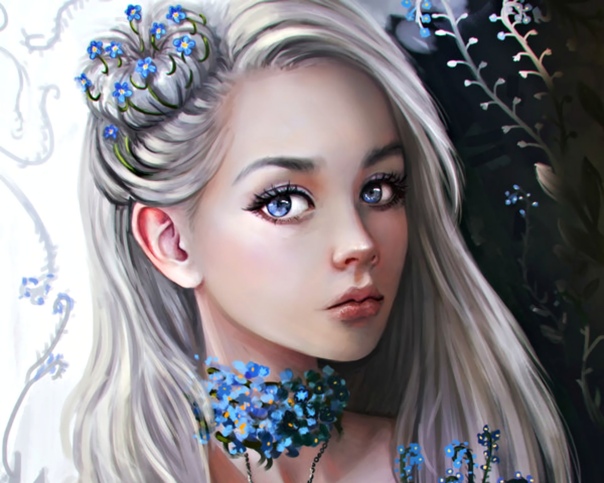 Free download wallpaper Fantasy, Flower, Women, Blue Eyes, White Hair on your PC desktop