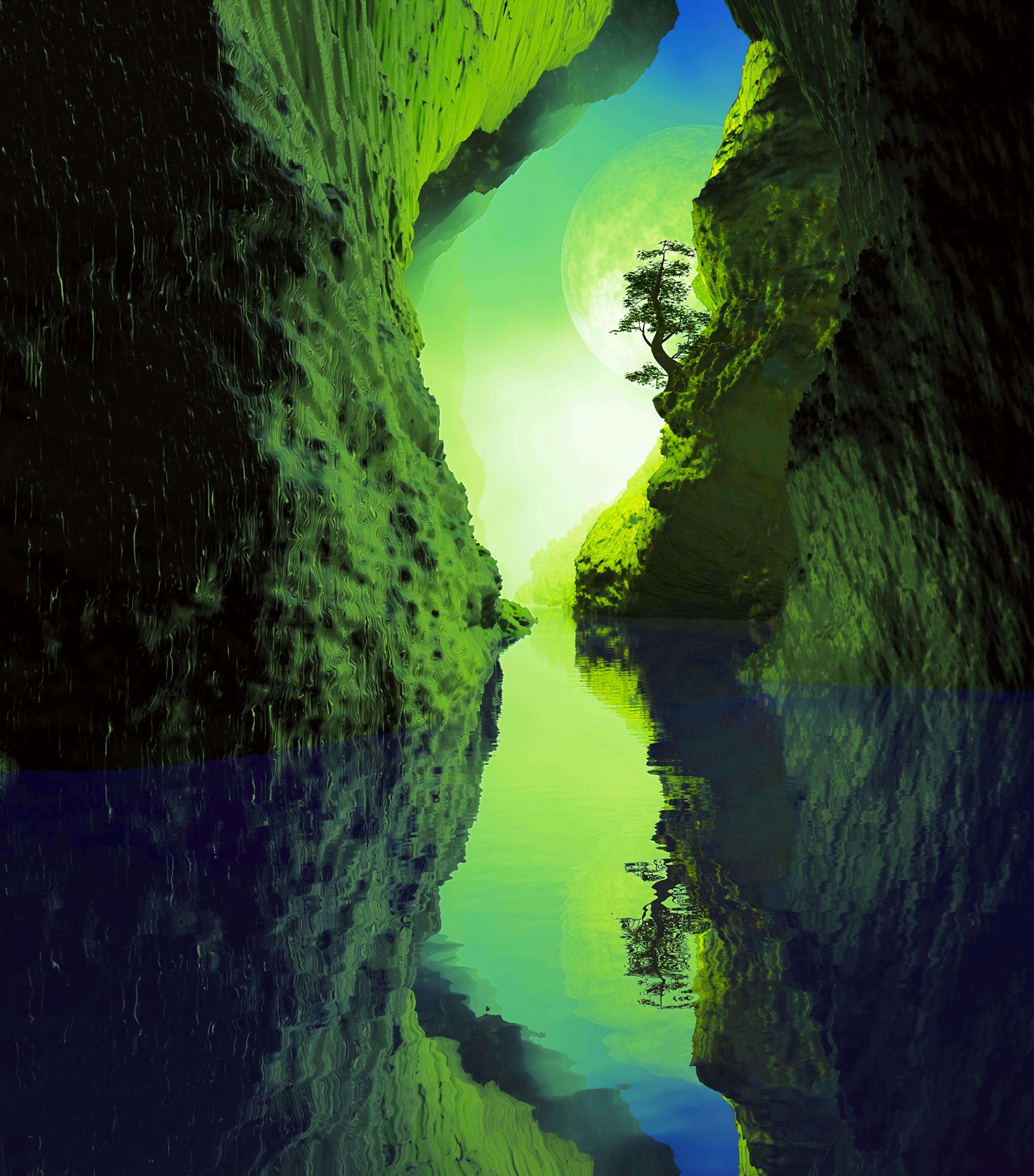 72015 скачать обои зеленый, отражение, арт, река, дерево, пещера - заставки и картинки бесплатно