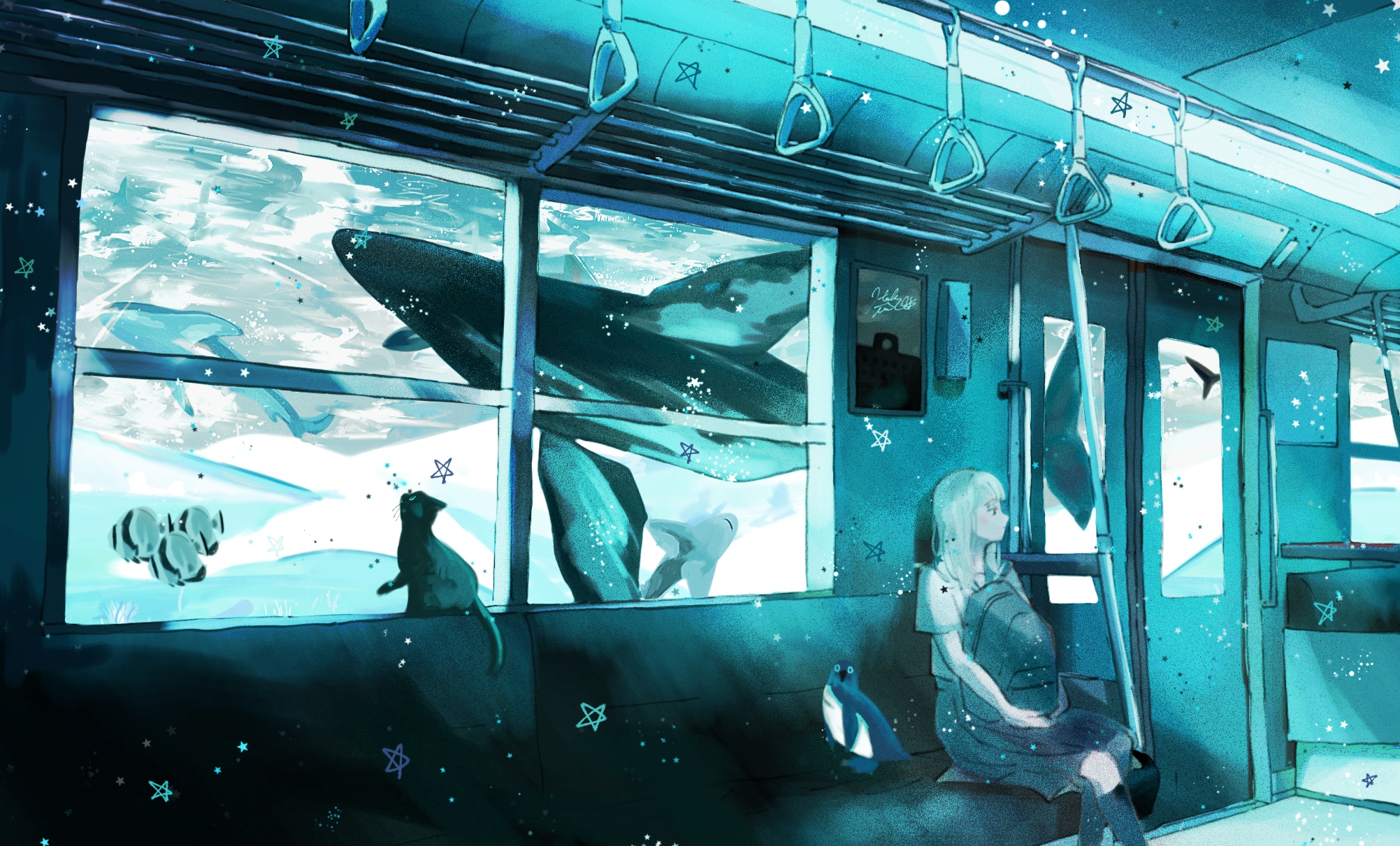 無料モバイル壁紙女の子, ネコ, 鯨, 水中, アニメをダウンロードします。