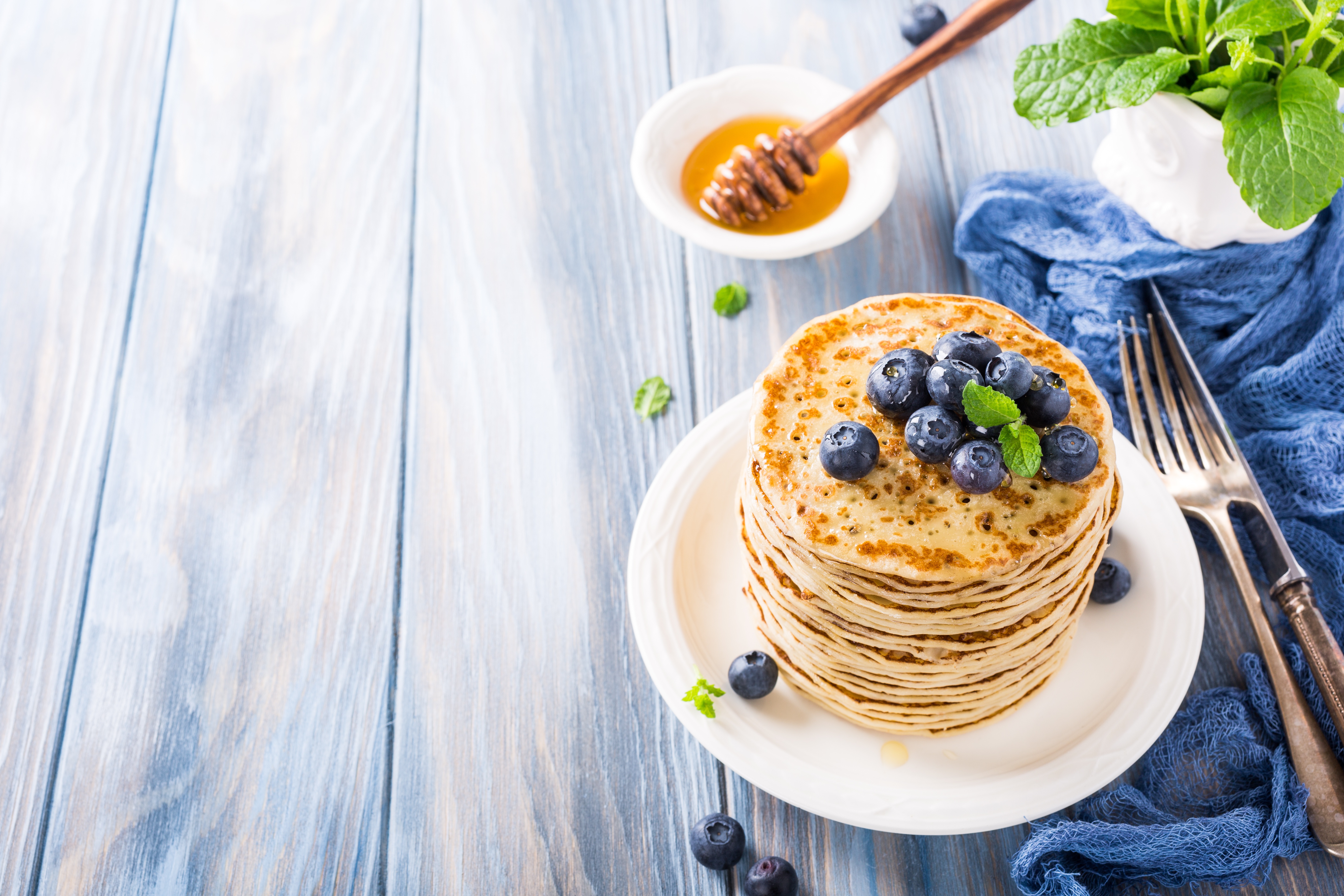 Download mobile wallpaper Food, Blueberry, Still Life, Honey, Crêpe for free.