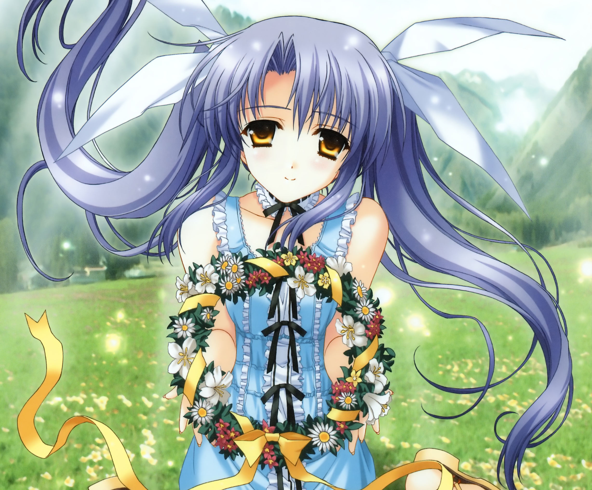 Download mobile wallpaper Anime, Smile, Wreath, Ribbon, Yellow Eyes, Original, Blue Hair, Long Hair, Twintails for free.
