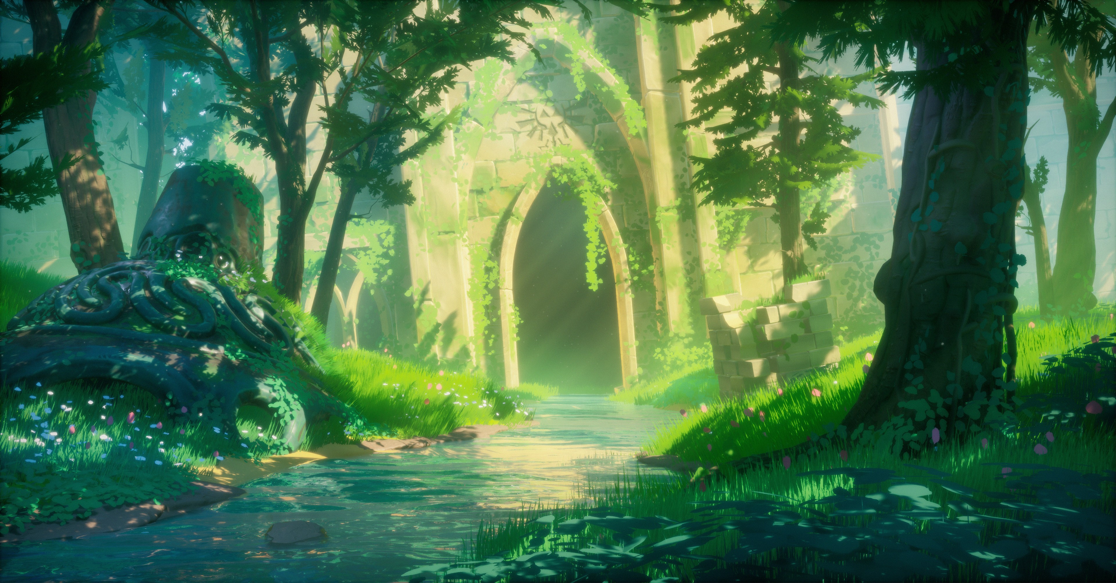 Laden Sie das Wald, Tempel, Computerspiele, Zelda, The Legend Of Zelda: Breath Of The Wild-Bild kostenlos auf Ihren PC-Desktop herunter