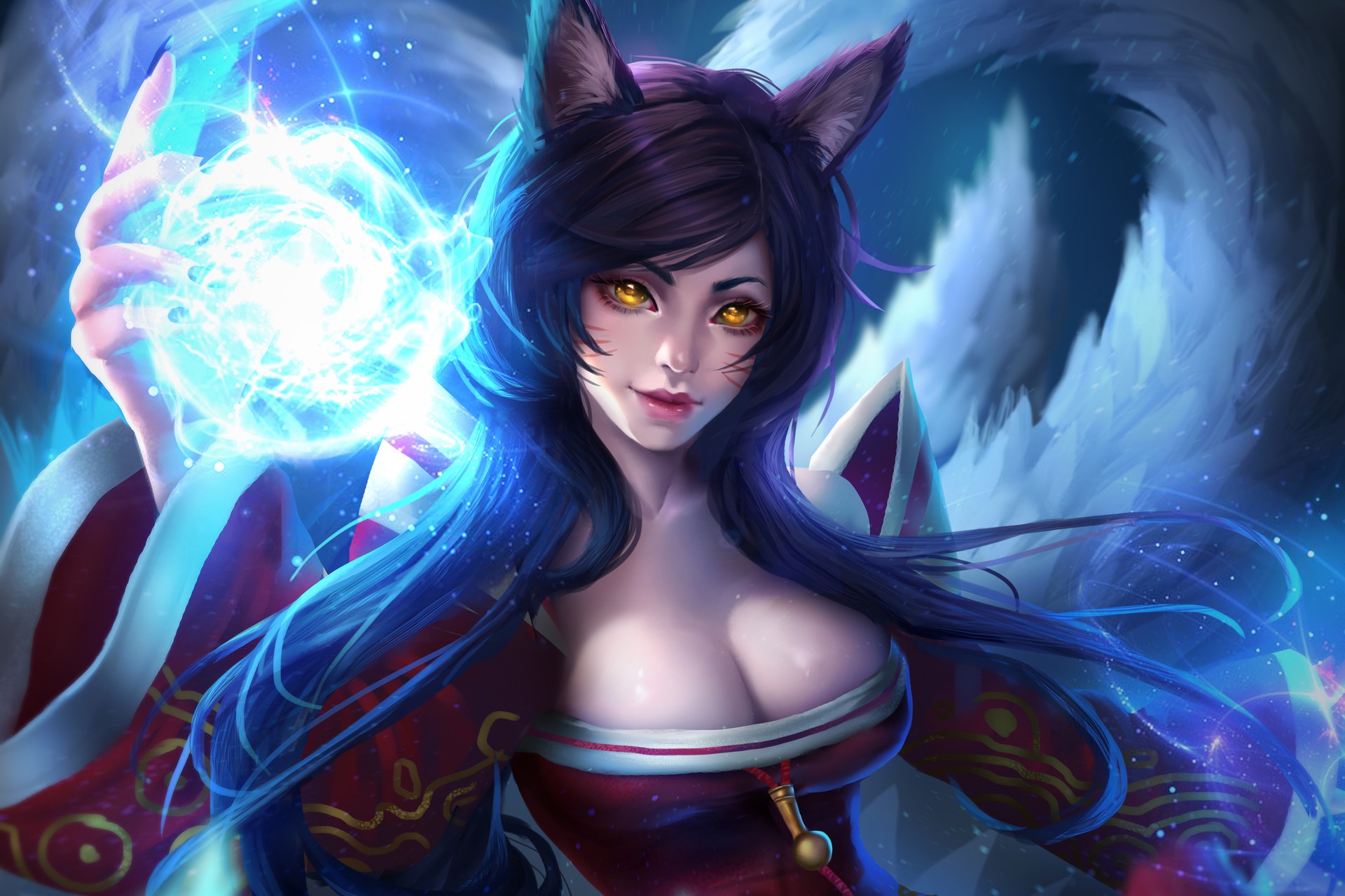 Download mobile wallpaper Magic, League Of Legends, Yellow Eyes, Video Game, Animal Ears, Ahri (League Of Legends) for free.