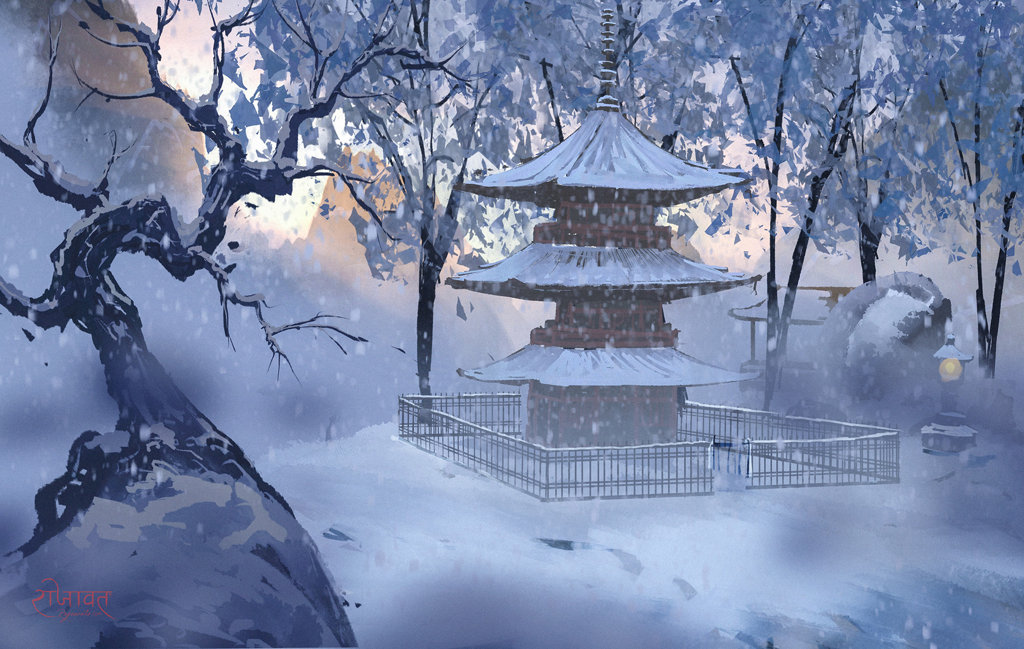 Download mobile wallpaper Anime, Winter, Snow, Temple, Shrine for free.