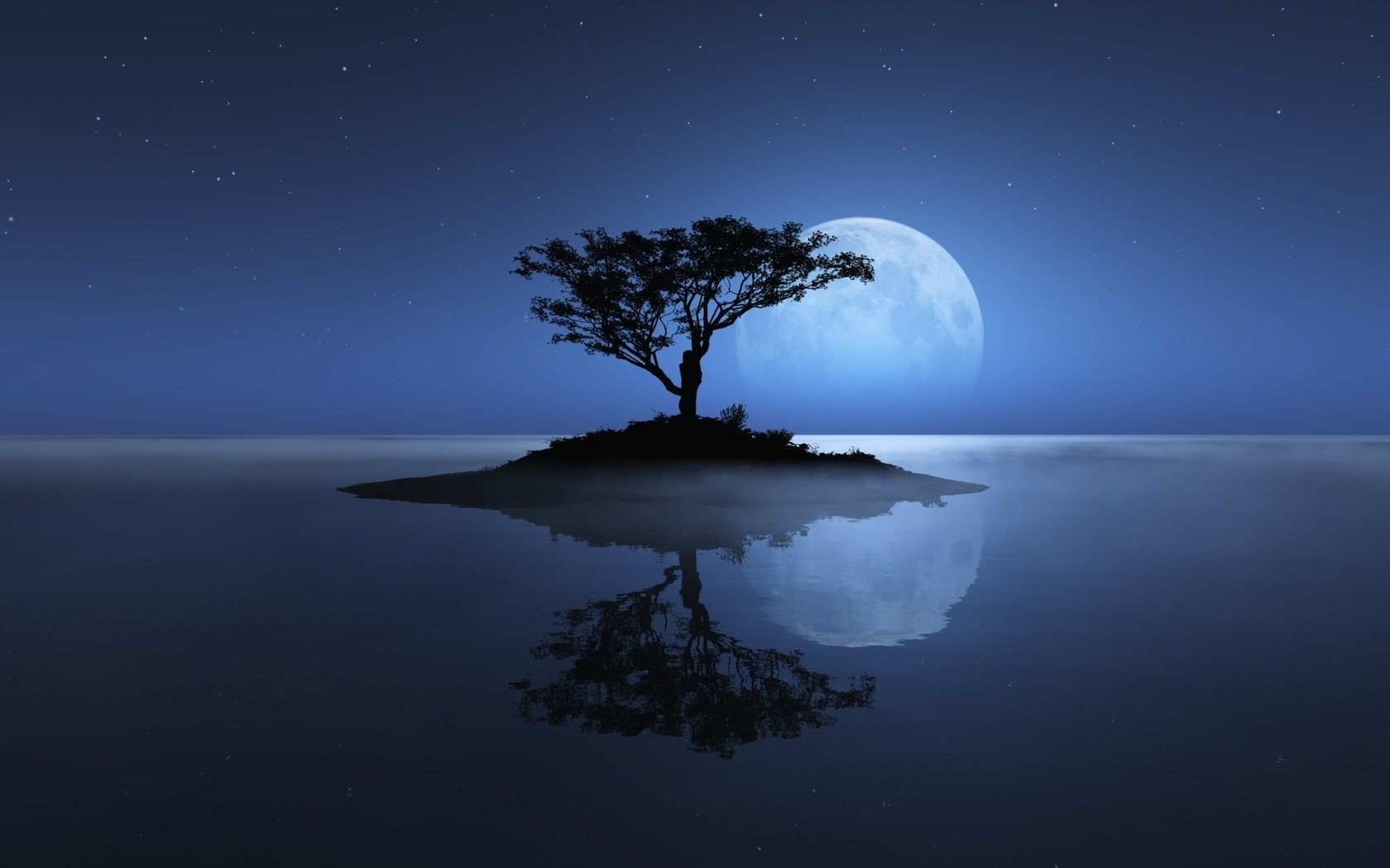 Desktop FHD moon, landscape, trees, blue