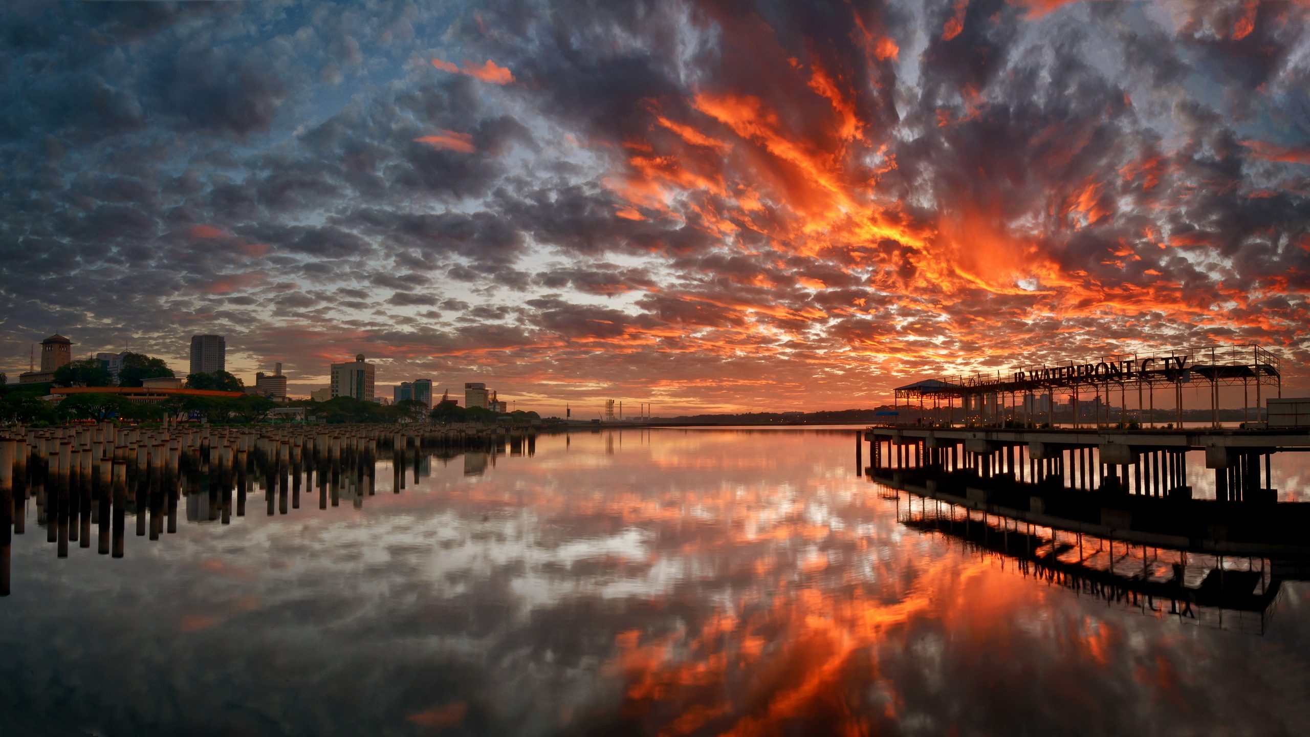 Free download wallpaper Sunset, City, Reflection, Pier, Photography on your PC desktop