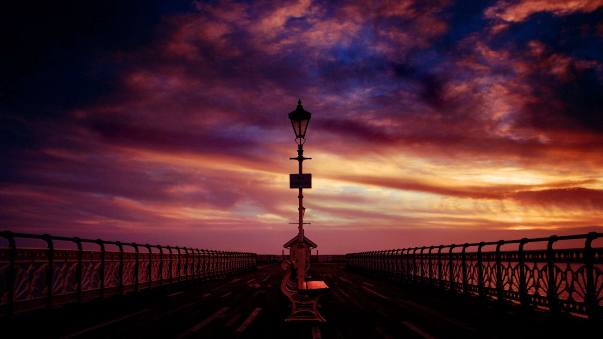 bench, sea, sunset, sky, dark, pier, evening HD wallpaper