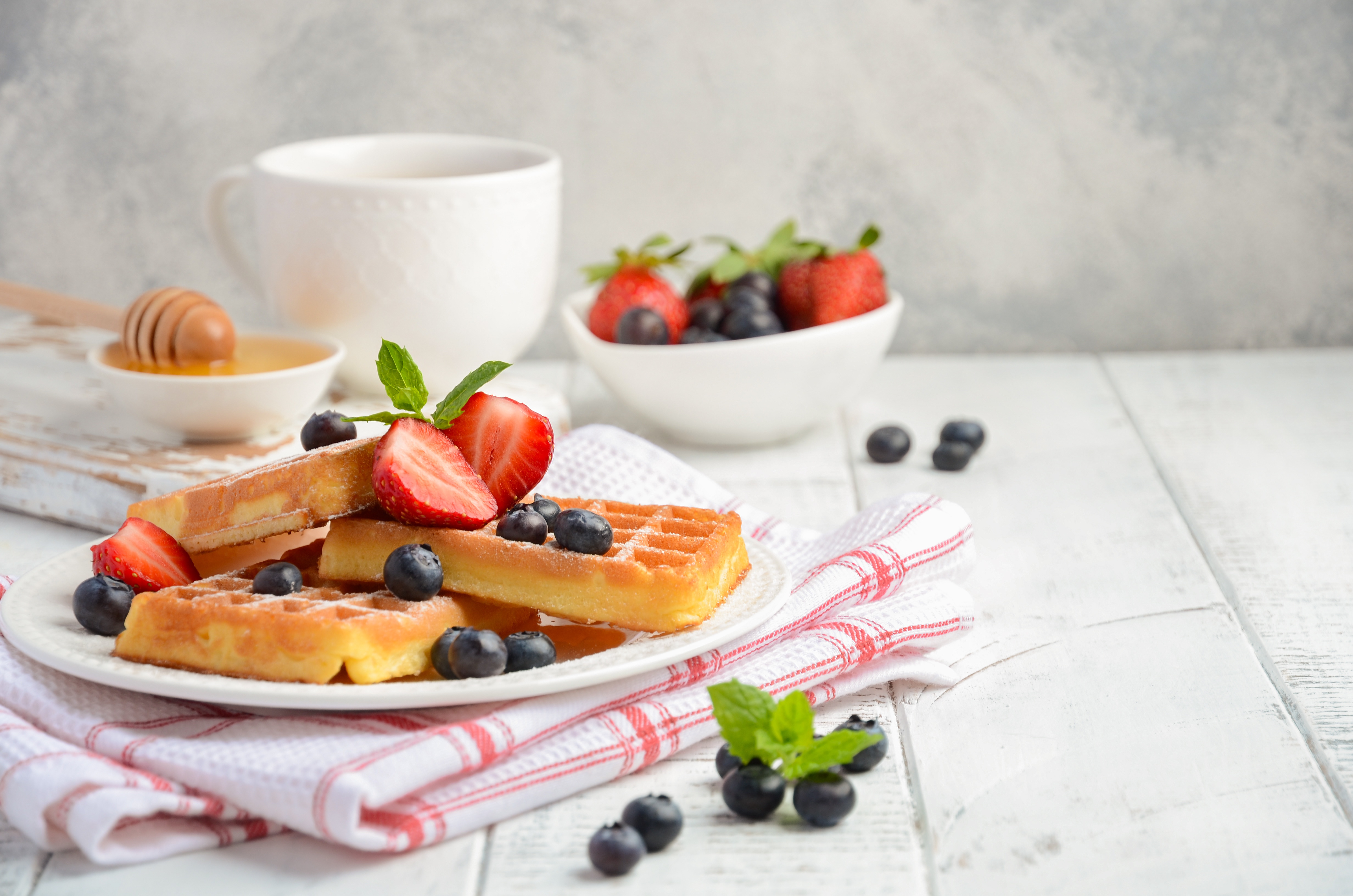 Download mobile wallpaper Food, Strawberry, Blueberry, Still Life, Berry, Fruit, Waffle, Breakfast for free.