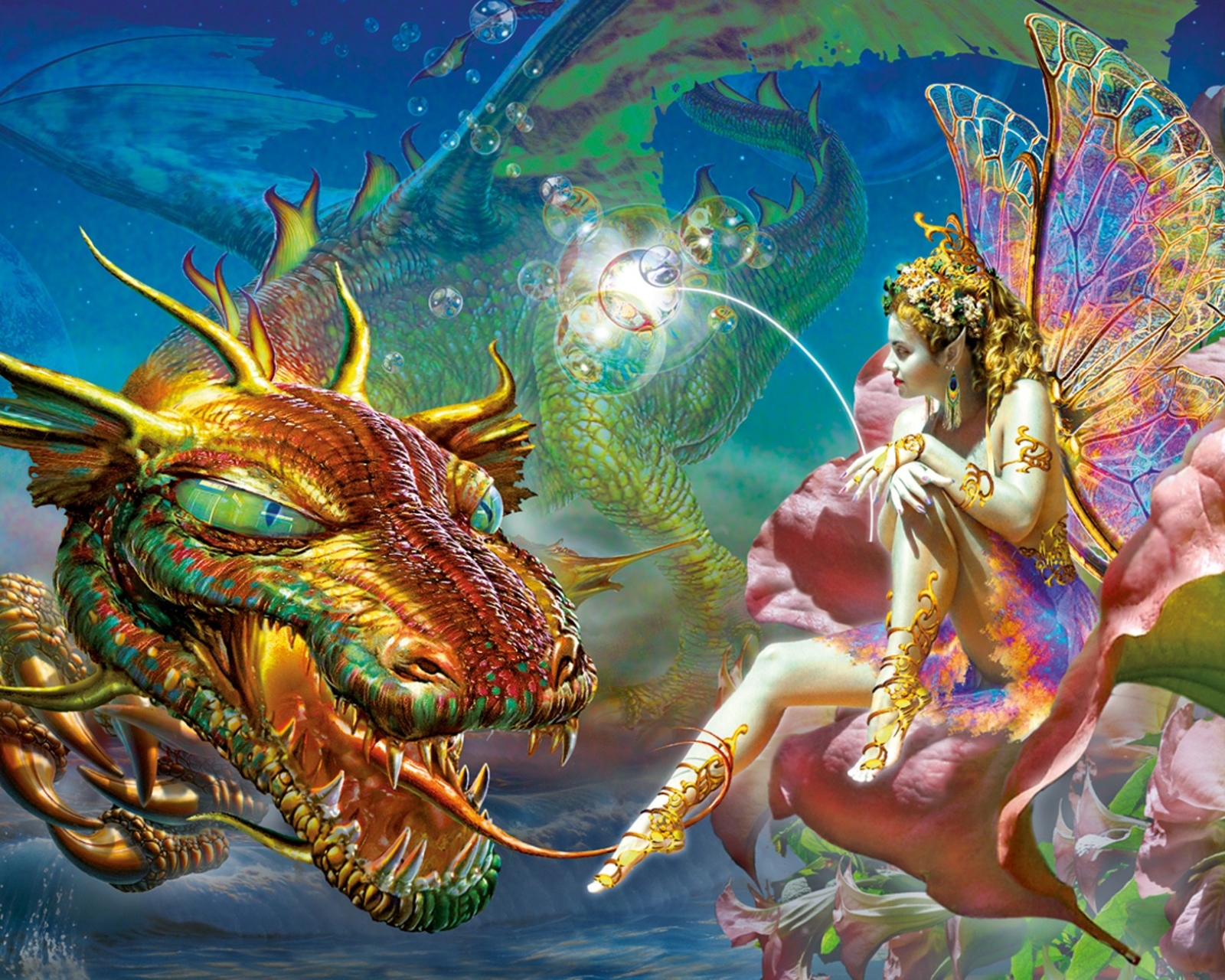 Download mobile wallpaper Fantasy, Gold, Flower, Wings, Dragon, Colorful, Fairy for free.