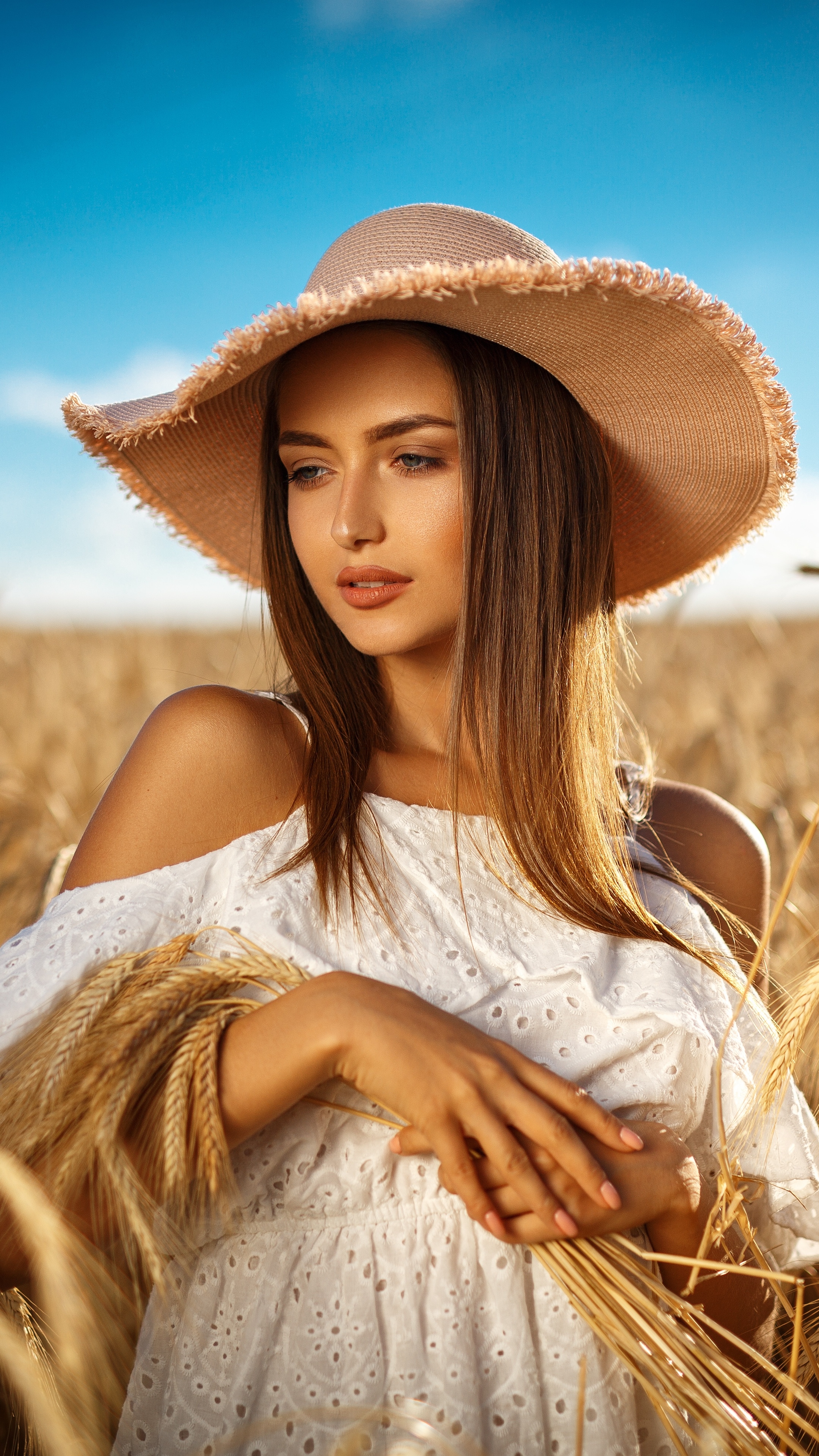 Download mobile wallpaper Summer, Wheat, Blonde, Hat, Model, Women, White Dress for free.