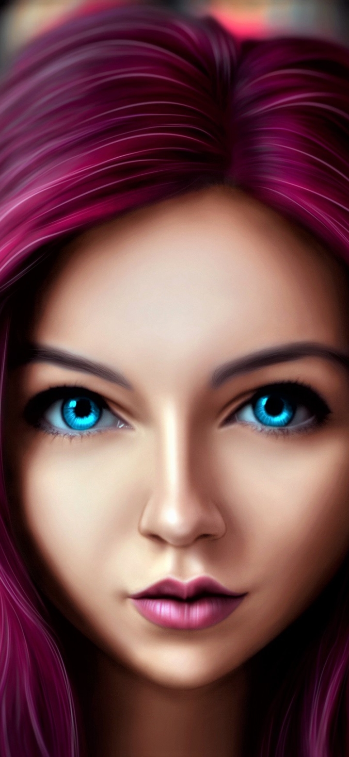 Download mobile wallpaper Artistic, Face, Women, Blue Eyes, Purple Hair for free.