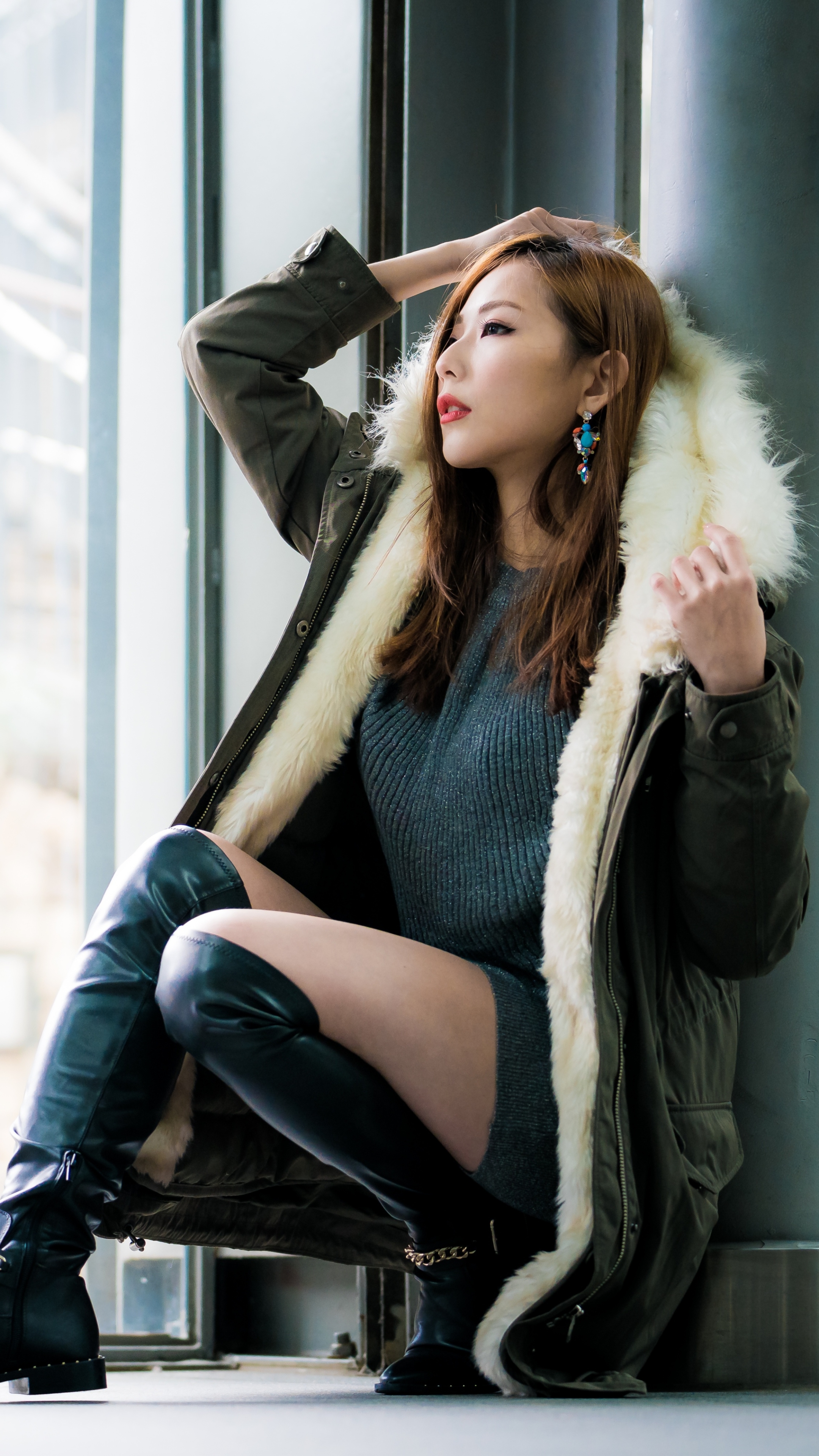 Download mobile wallpaper Brunette, Coat, Model, Women, Asian for free.