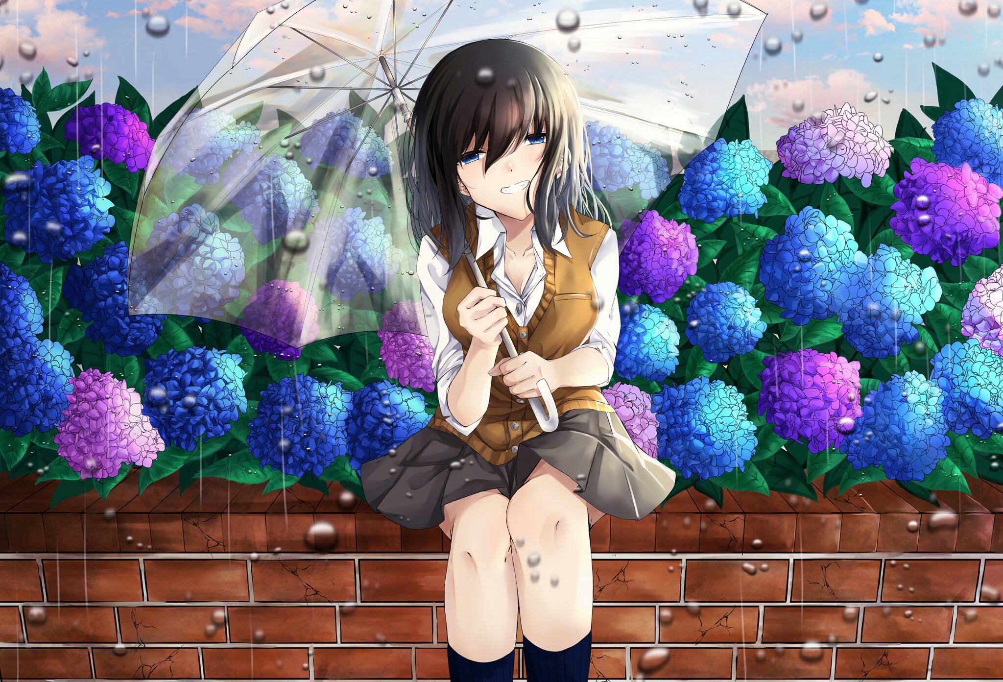 Laden Sie das Regen, Blume, Lächeln, Regenschirm, Blaue Augen, Original, Animes, Lange Haare, Braune Haare-Bild kostenlos auf Ihren PC-Desktop herunter