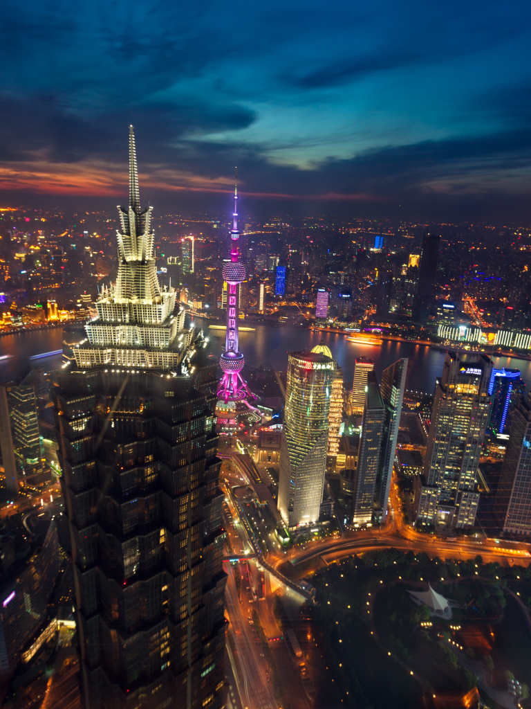 Baixar papel de parede para celular de Cidades, Noite, Arquitetura, China, Xangai, Feito Pelo Homem, Aéreo gratuito.