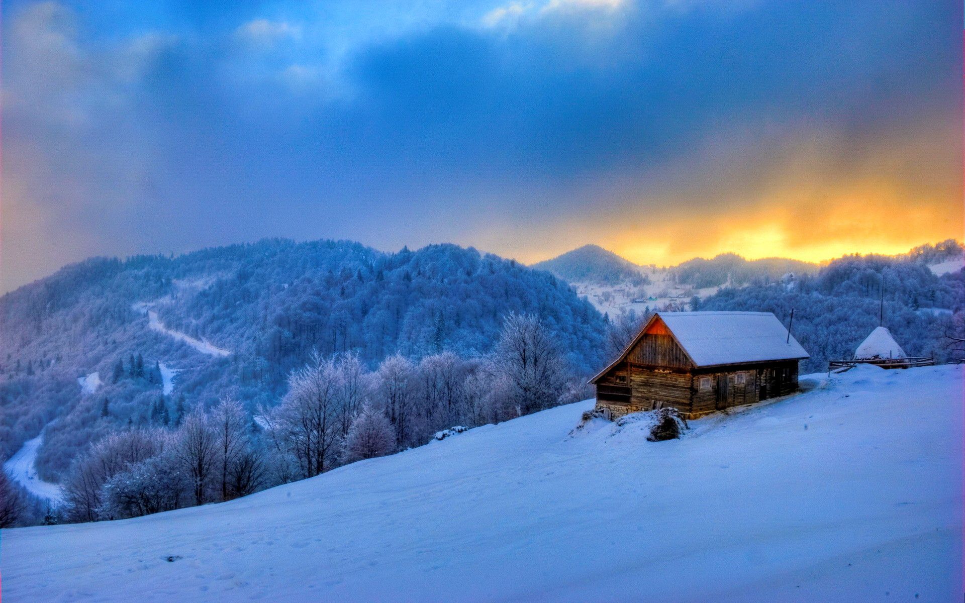 PCデスクトップに風景, 冬, 雪, 山, キャビン, マンメイド画像を無料でダウンロード