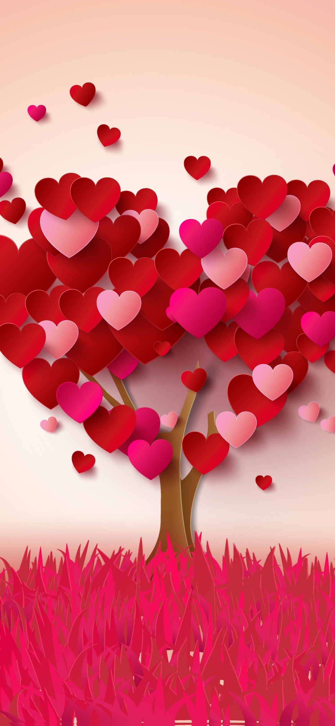 Download mobile wallpaper Grass, Pink, Tree, Heart, Artistic for free.