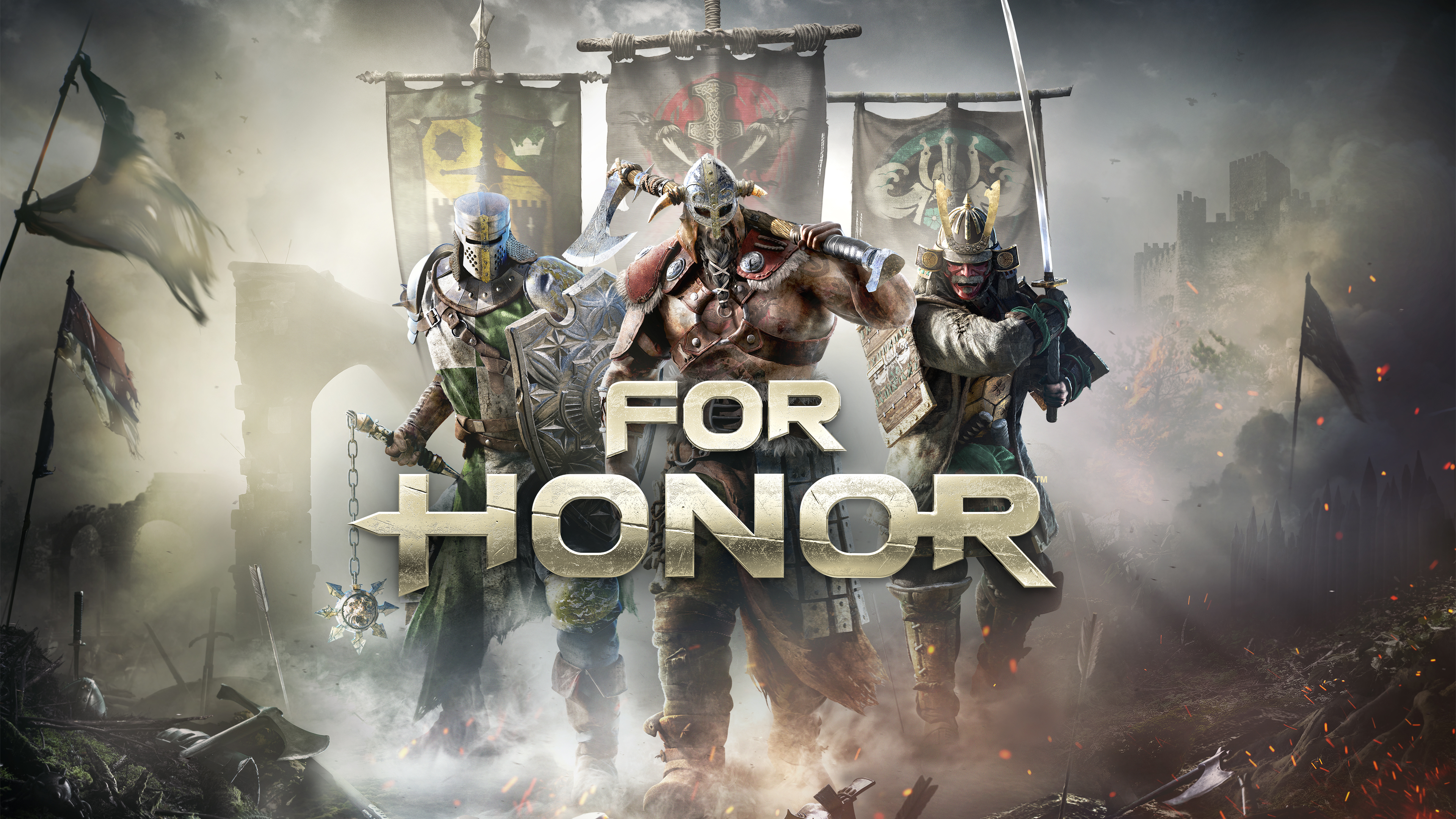 Laden Sie das Krieger, Samurai, Ritter, Axt, Katana, Computerspiele, Vikinger, For Honor (Videospiel), For Honor, Banner-Bild kostenlos auf Ihren PC-Desktop herunter