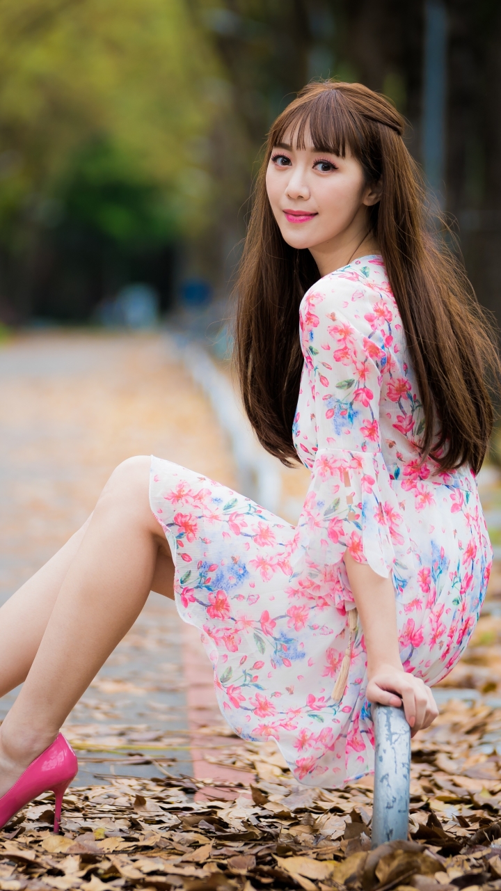 Download mobile wallpaper Smile, Dress, Brunette, Model, Women, Asian, Long Hair for free.