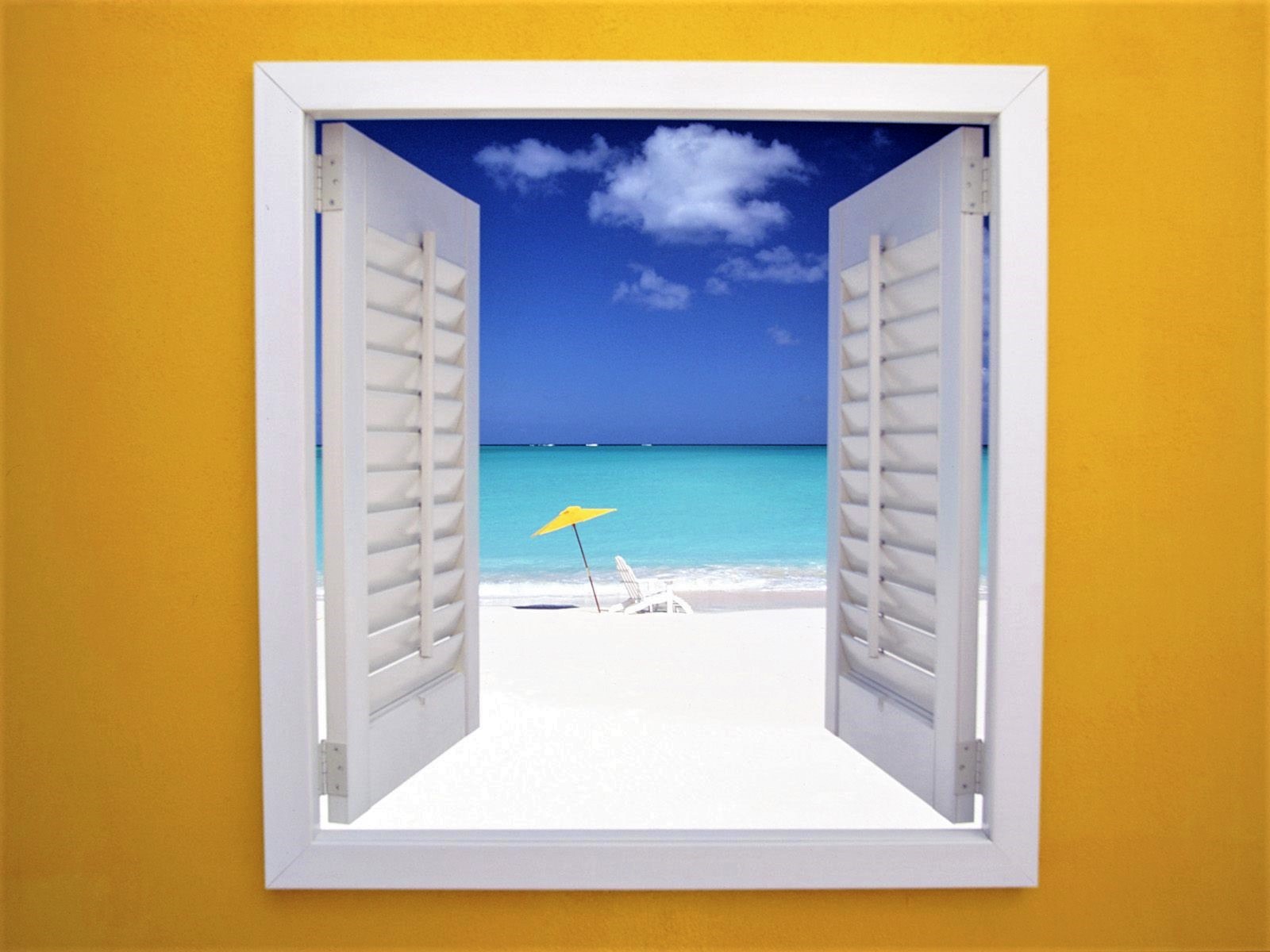 1504915 descargar fondo de pantalla artístico, ventana, playa, océano, persianas, sombrilla: protectores de pantalla e imágenes gratis