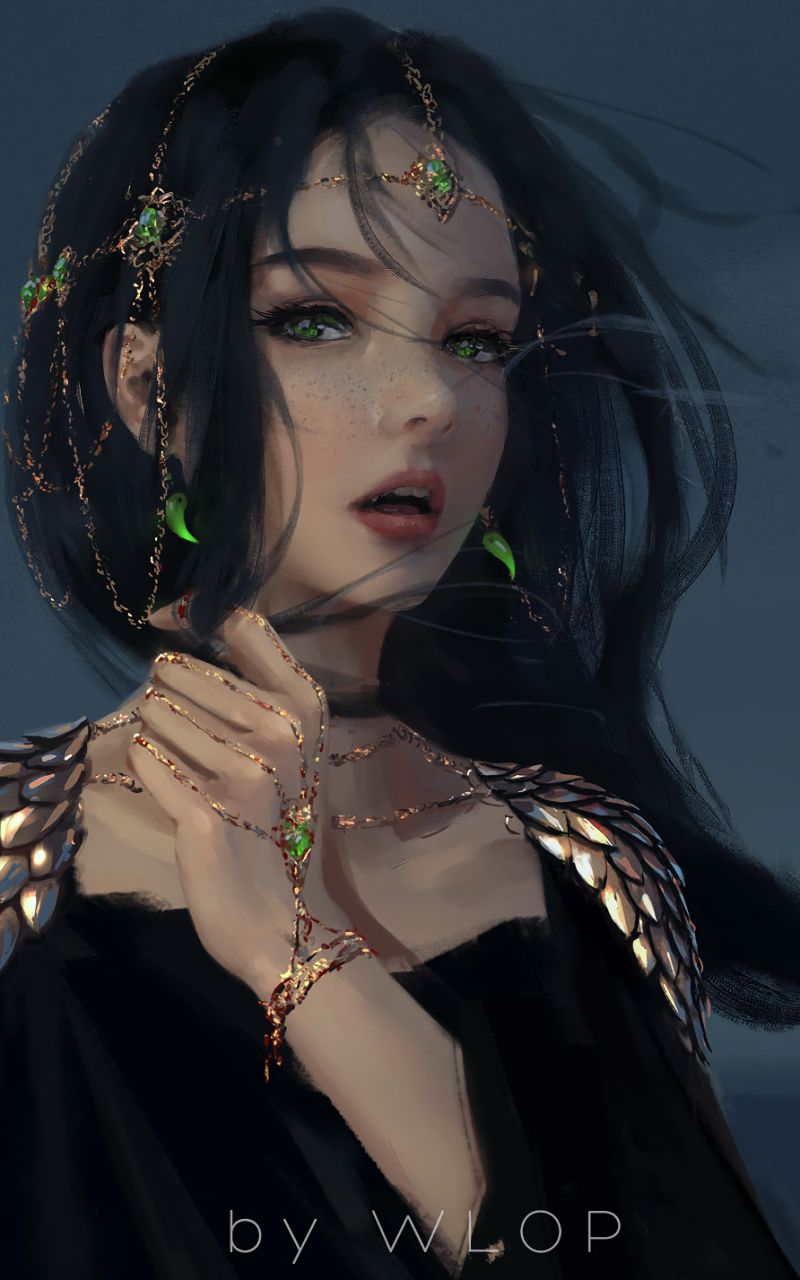 Download mobile wallpaper Jewelry, Face, Green Eyes, Comics, Black Hair, Ghostblade for free.