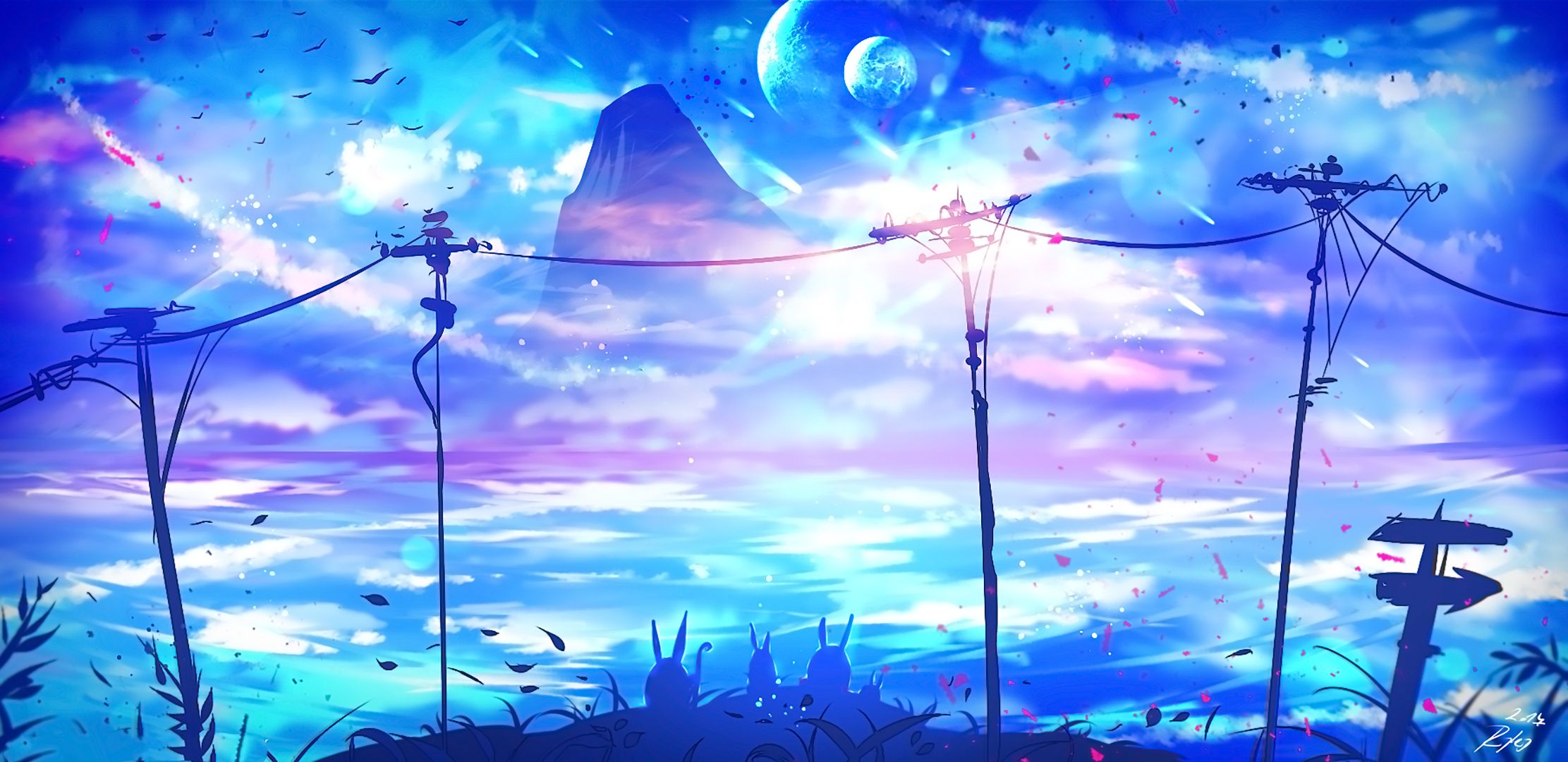 anime, original, bunny, cloud, fantasy, landscape, planet, sky