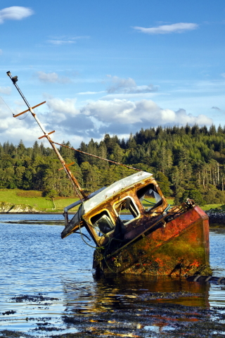 Download mobile wallpaper Sky, Lake, Boat, Ship, Cloud, Vehicles, Shipwreck for free.