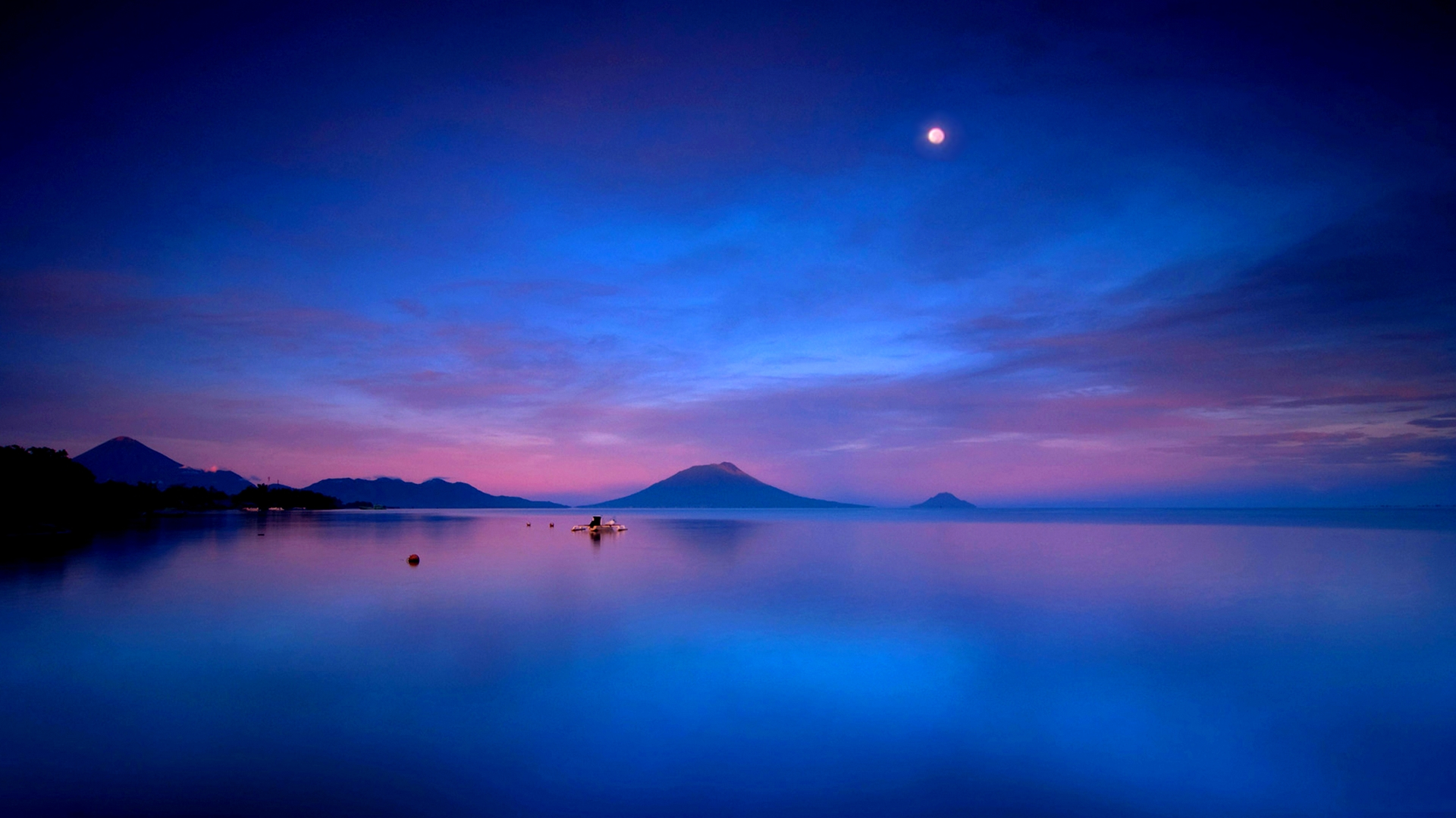 Free download wallpaper Nature, Sunset, Sky, Pink, Night, Moon, Lakes, Lake, Earth, Purple on your PC desktop